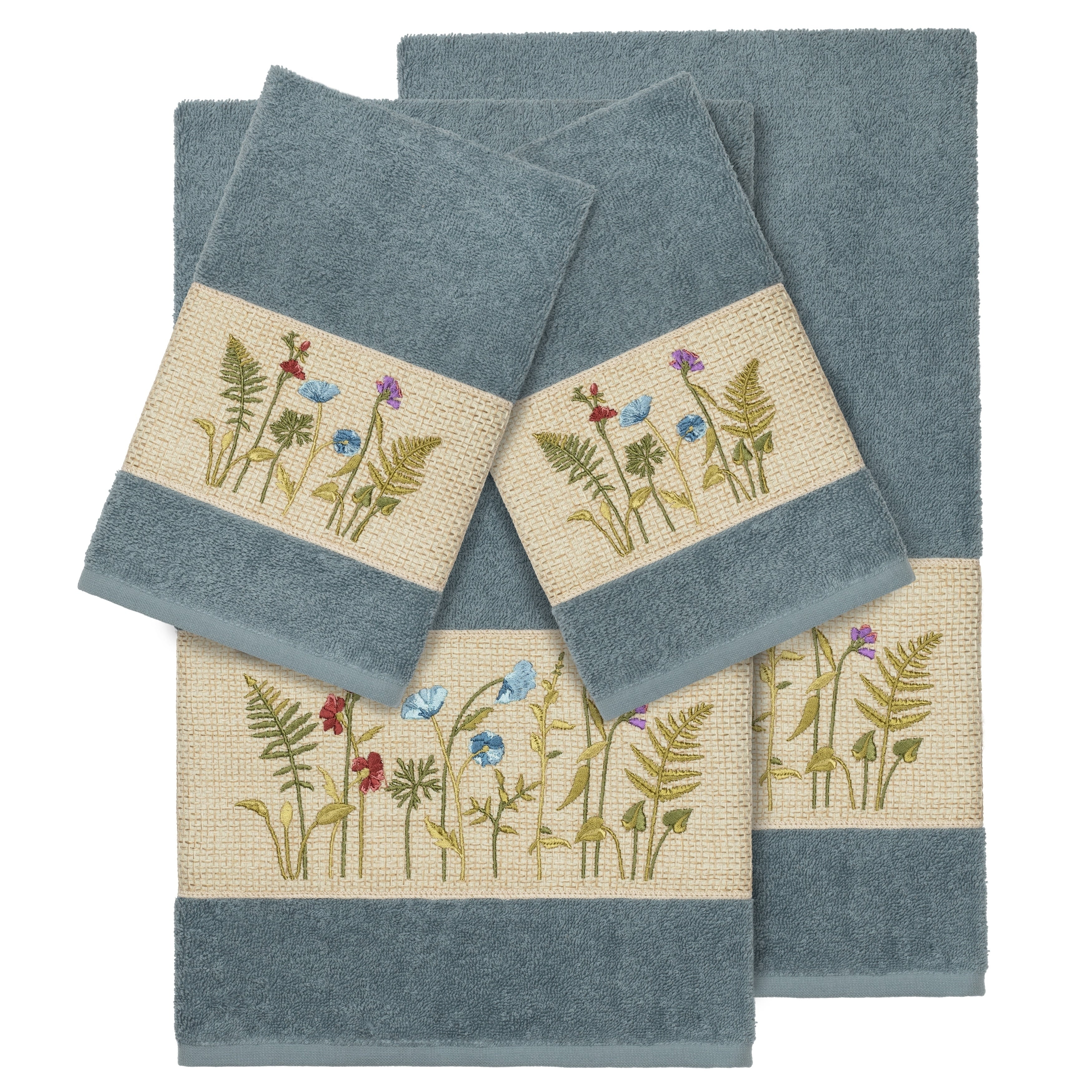 Authentic Hotel And Spa Teal Blue Turkish Cotton Wildflowers Embroidered 4 Piece Towel Set