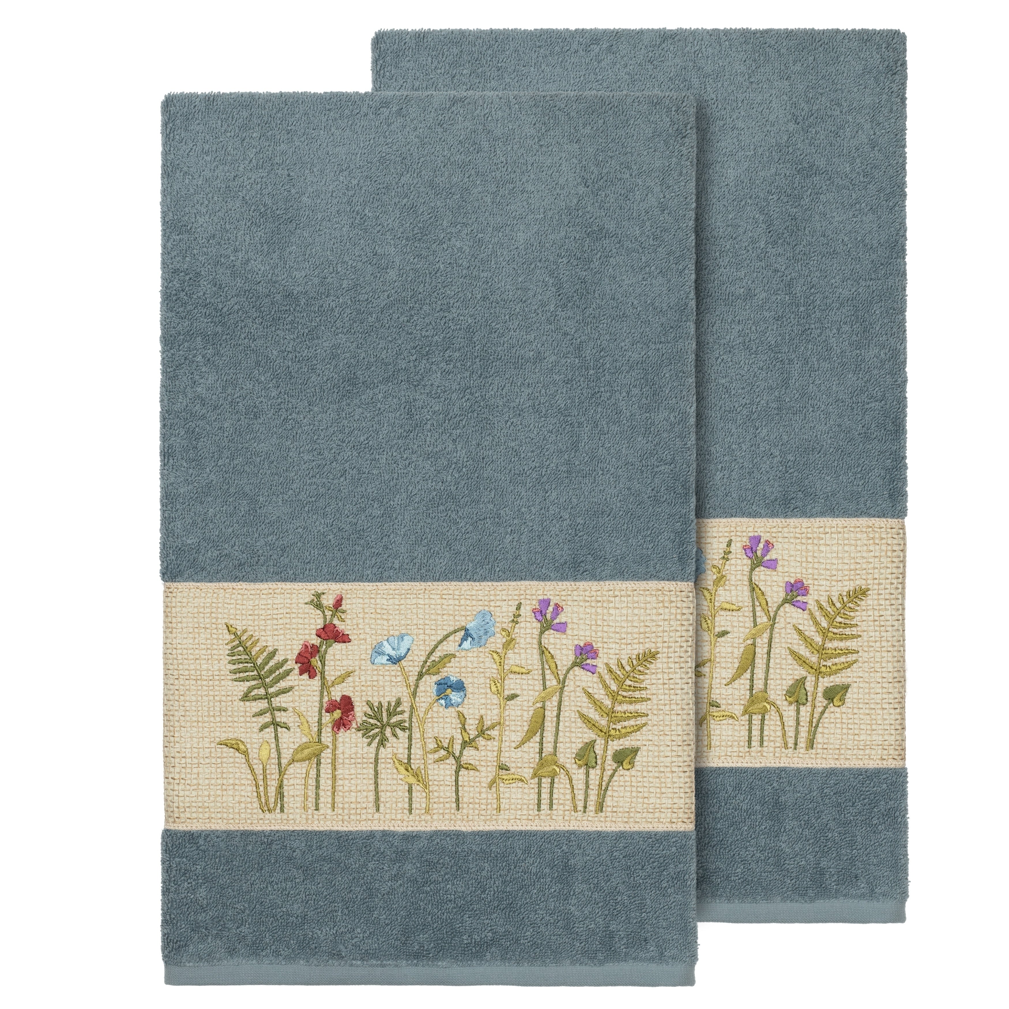 Authentic Hotel And Spa Teal Blue Turkish Cotton Wildflowers Embroidered Bath Towels Set Of 2