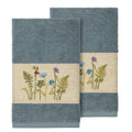 Authentic Hotel And Spa Teal Blue Turkish Cotton Wildflowers Embroidered Hand Towels Set Of 2