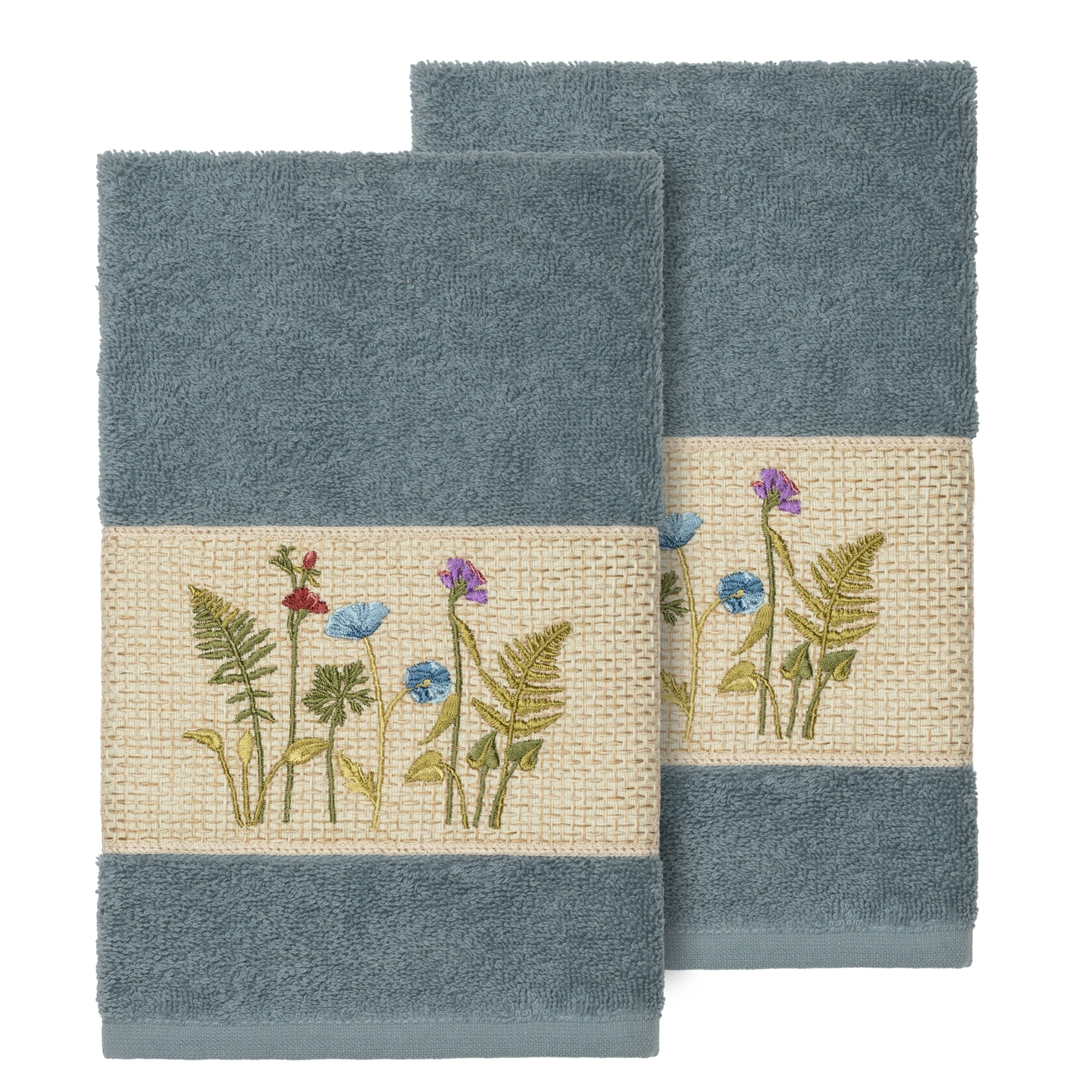 Authentic Hotel And Spa Teal Blue Turkish Cotton Wildflowers Embroidered Hand Towels Set Of 2