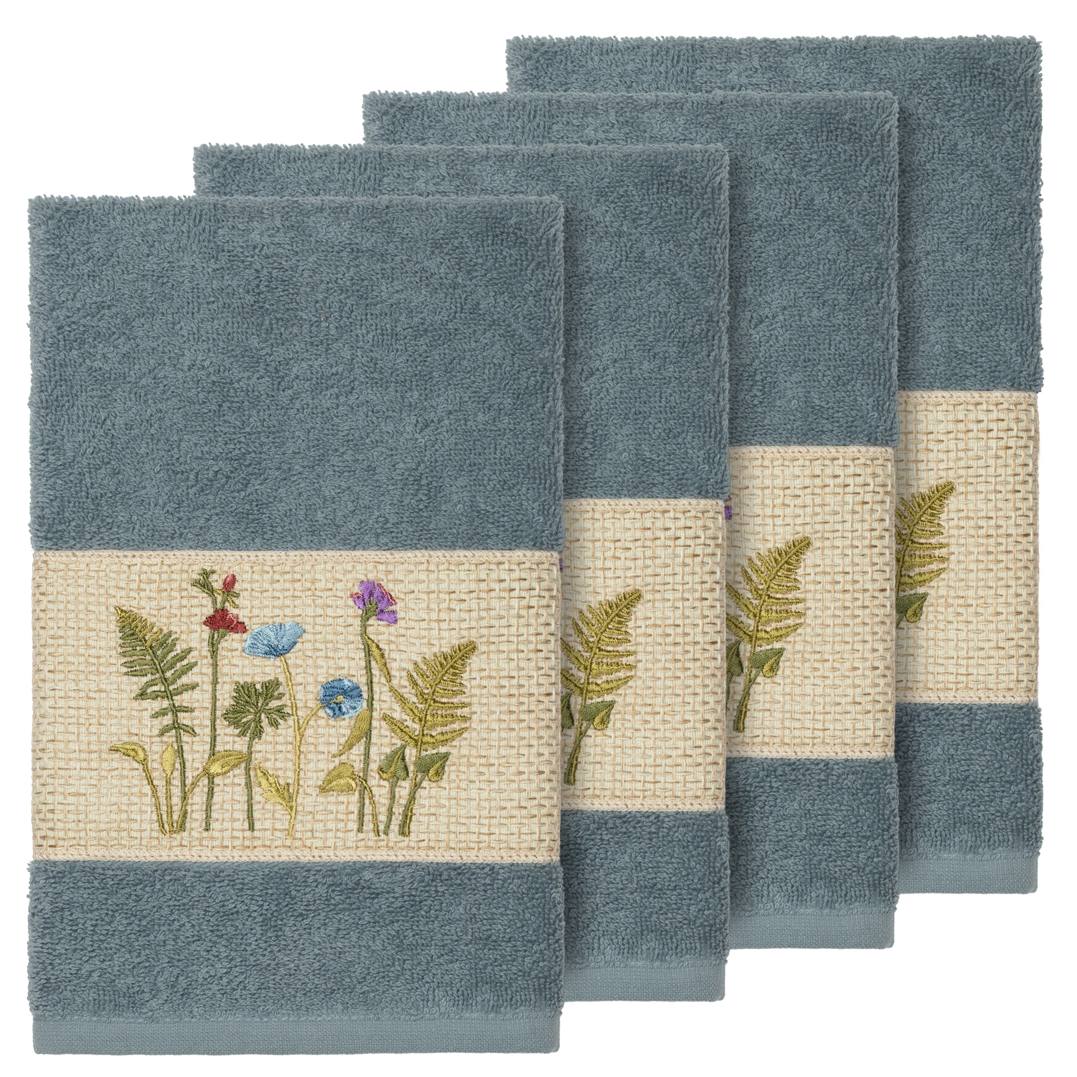 Authentic Hotel And Spa Teal Blue Turkish Cotton Wildflowers Embroidered Hand Towels Set Of 4
