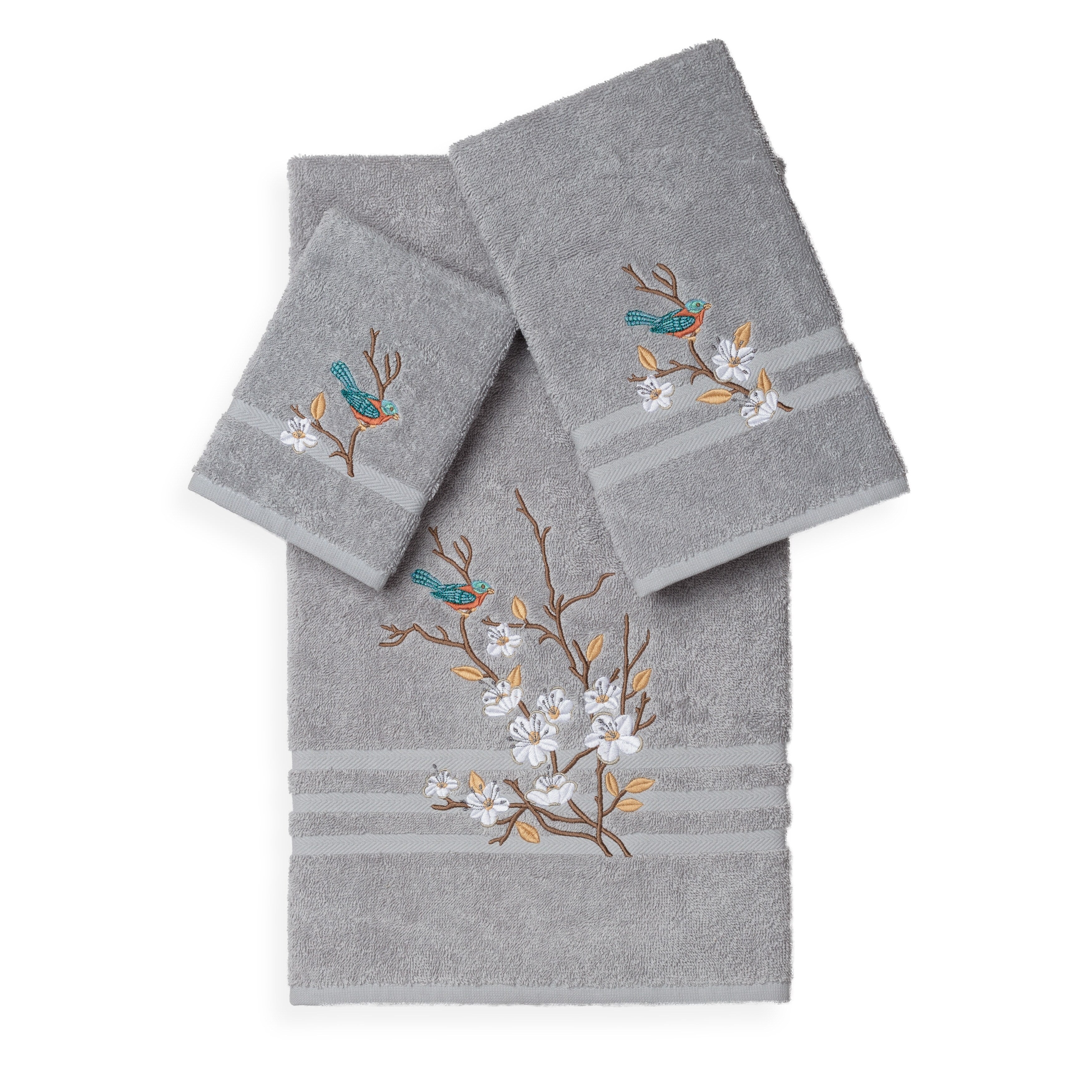 Authentic Hotel And Spa Turkish Cotton Blue Bird Embroidered 3 Piece Towel Set