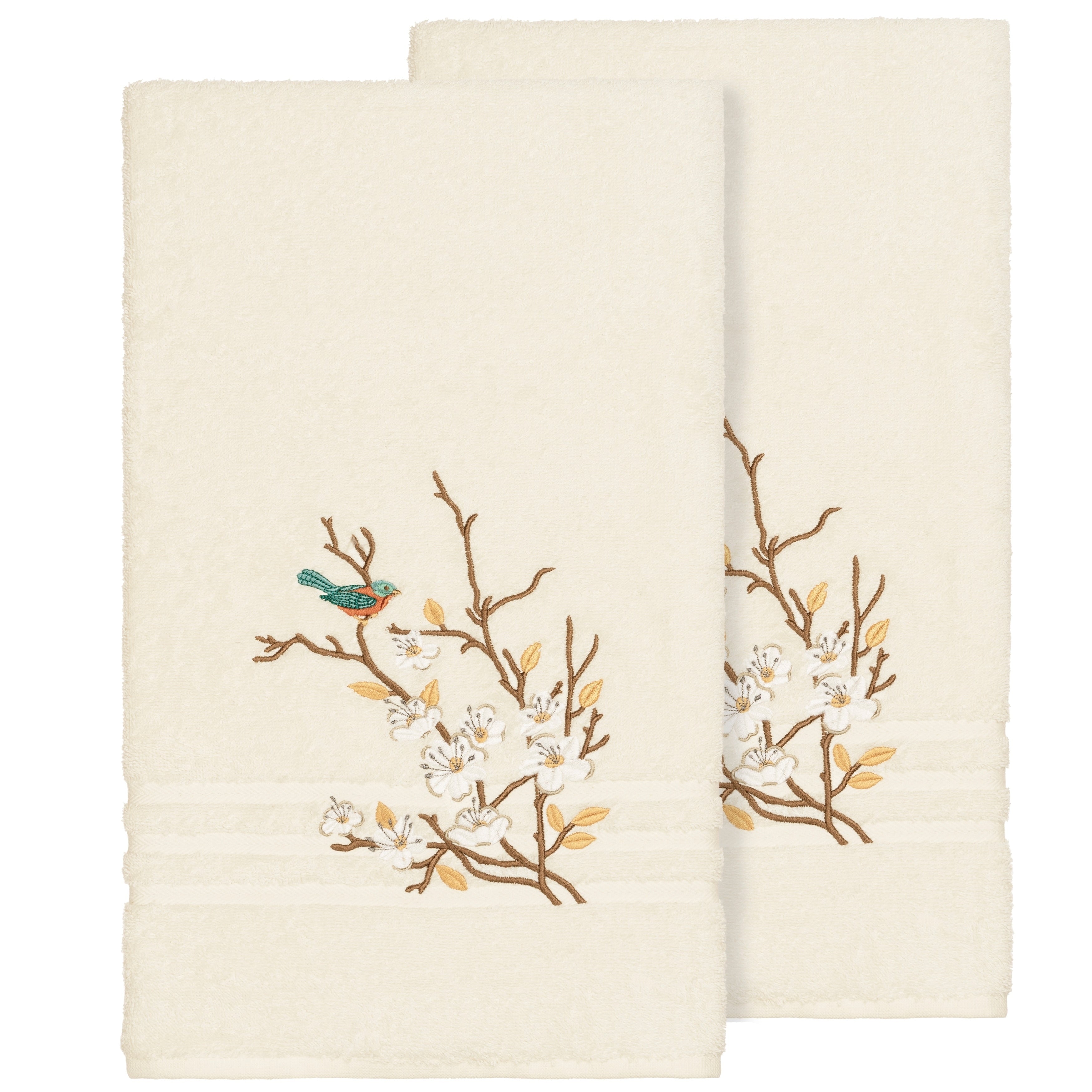 Authentic Hotel And Spa Turkish Cotton Blue Bird Embroidered Cream 2 Piece Bath Towel Set