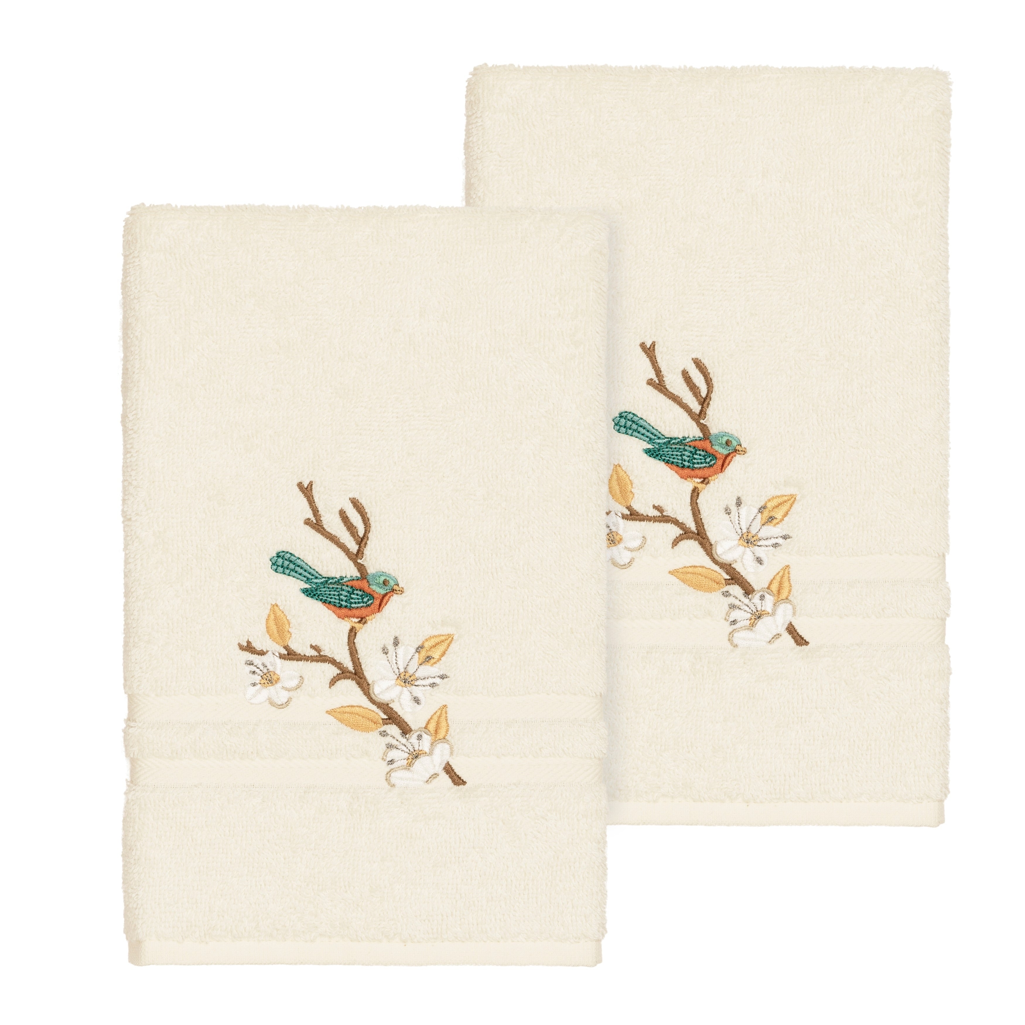 Authentic Hotel And Spa Turkish Cotton Blue Bird Embroidered Cream 2 Piece Towel Hand Set