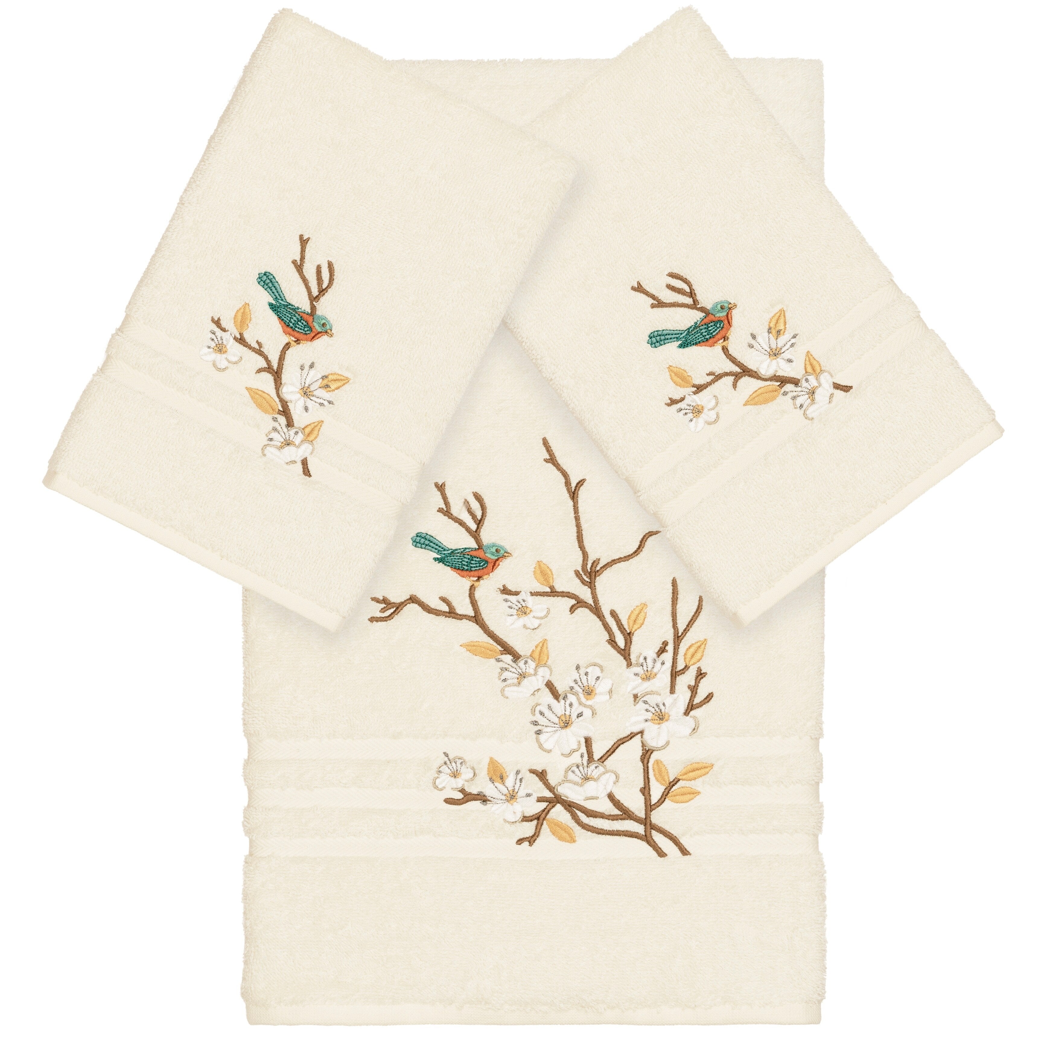 Authentic Hotel And Spa Turkish Cotton Blue Bird Embroidered Cream 3 Piece Towel Set