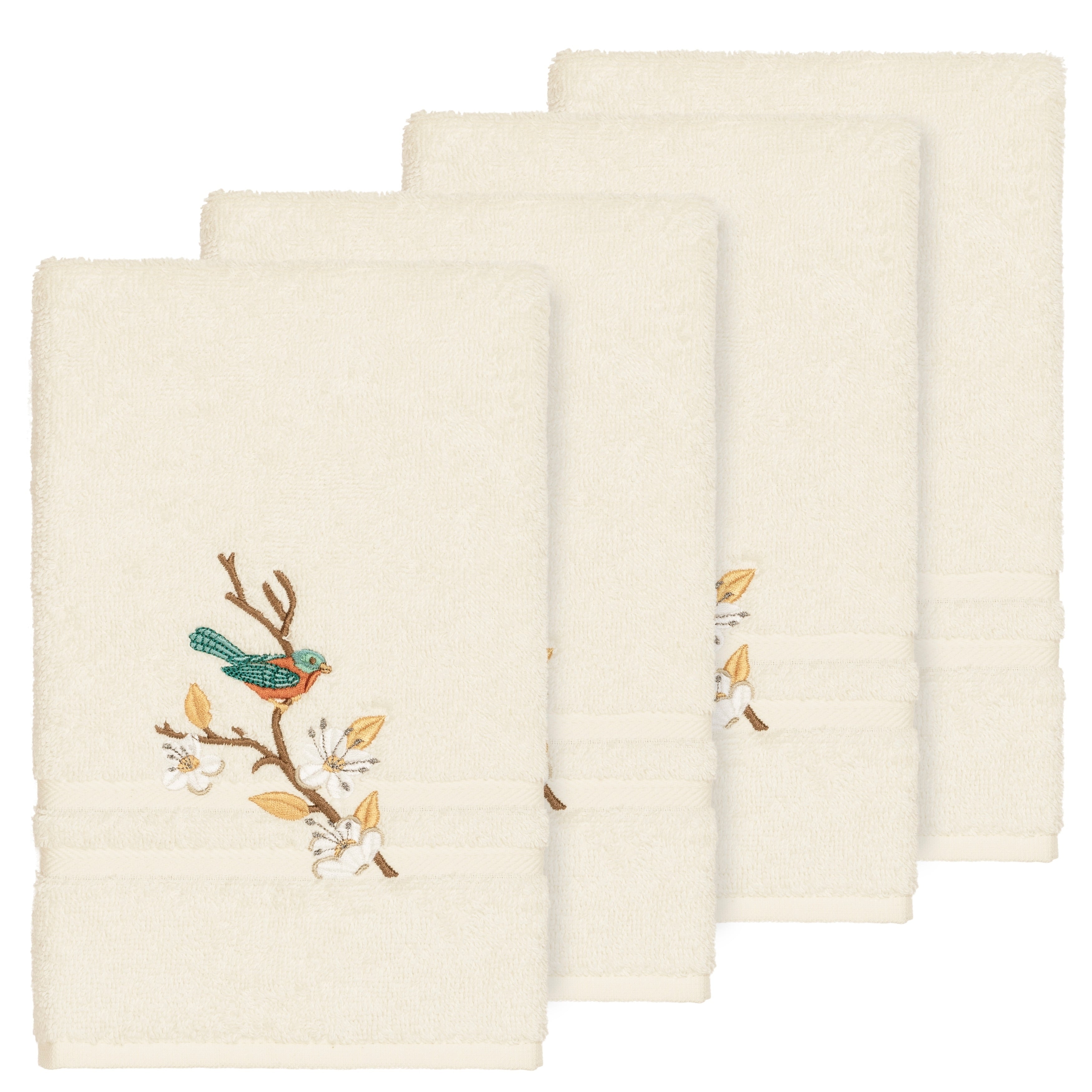 Authentic Hotel And Spa Turkish Cotton Blue Bird Embroidered Cream 4 Piece Hand Towel Set