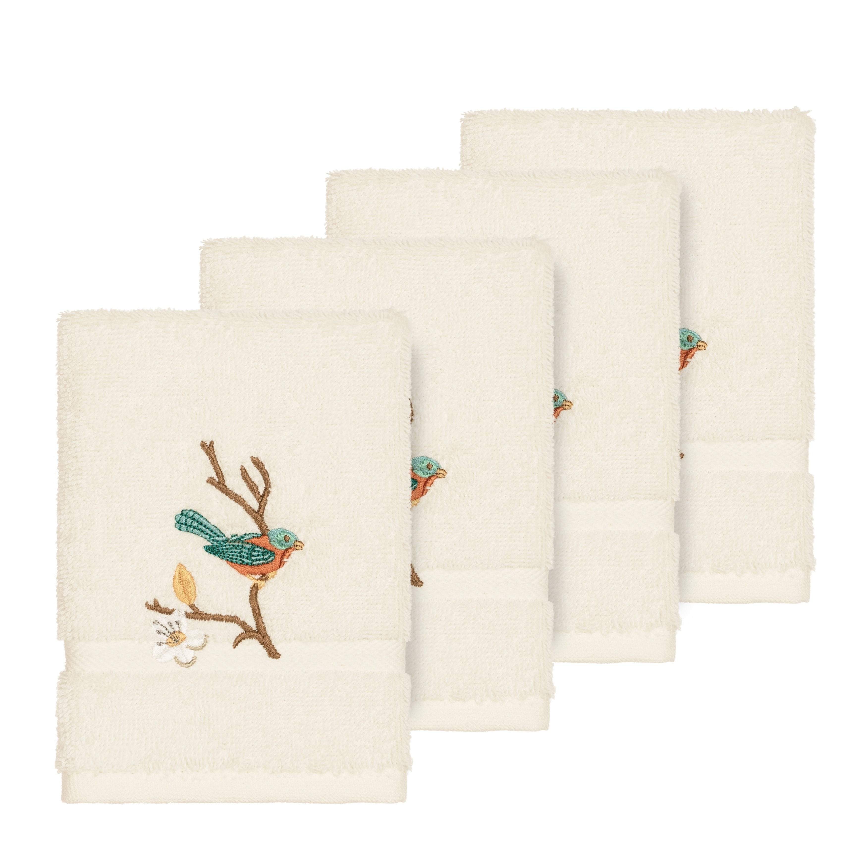 Authentic Hotel And Spa Turkish Cotton Blue Bird Embroidered Cream 4 Piece Washcloth Set