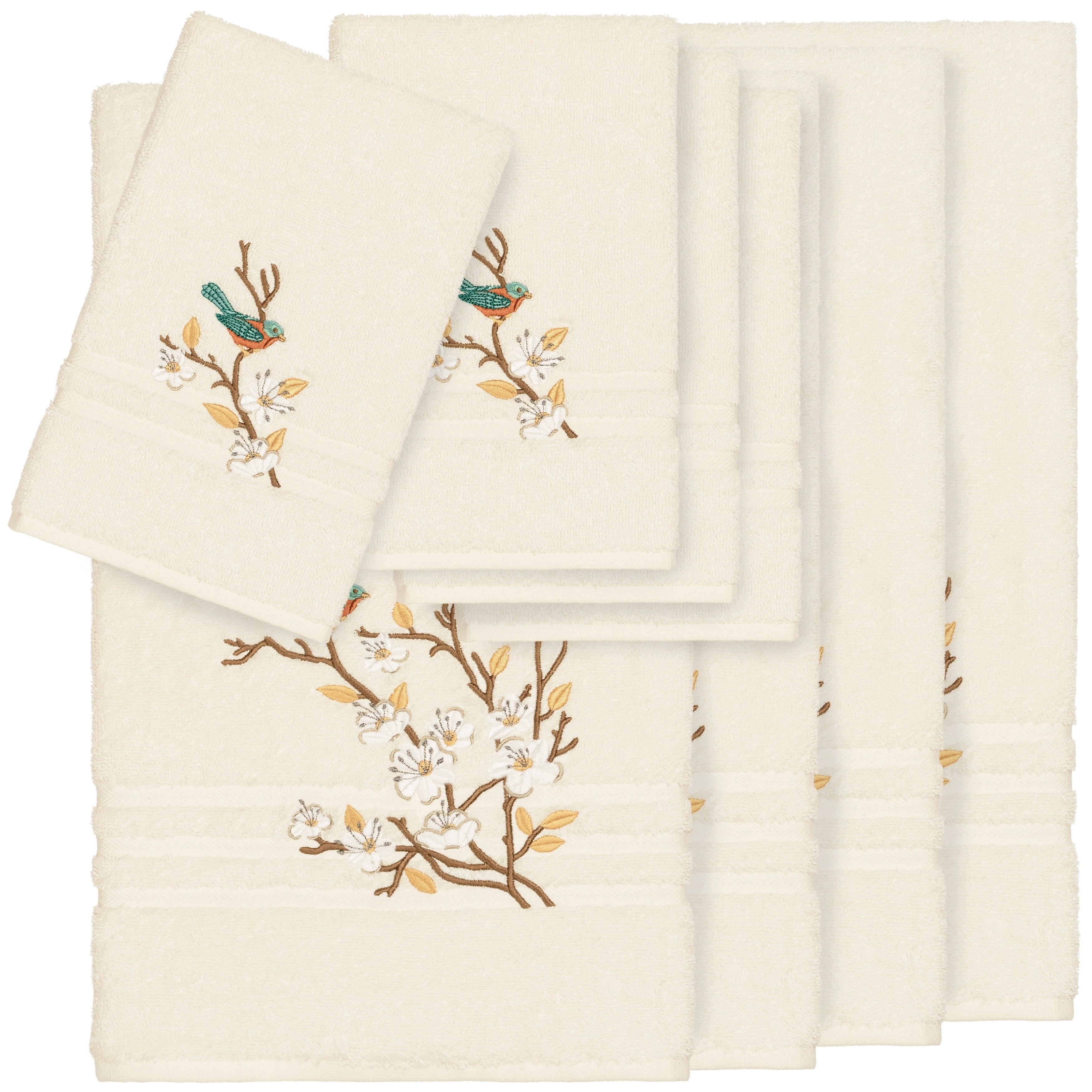 Authentic Hotel And Spa Turkish Cotton Blue Bird Embroidered Cream 8 Piece Towel Set