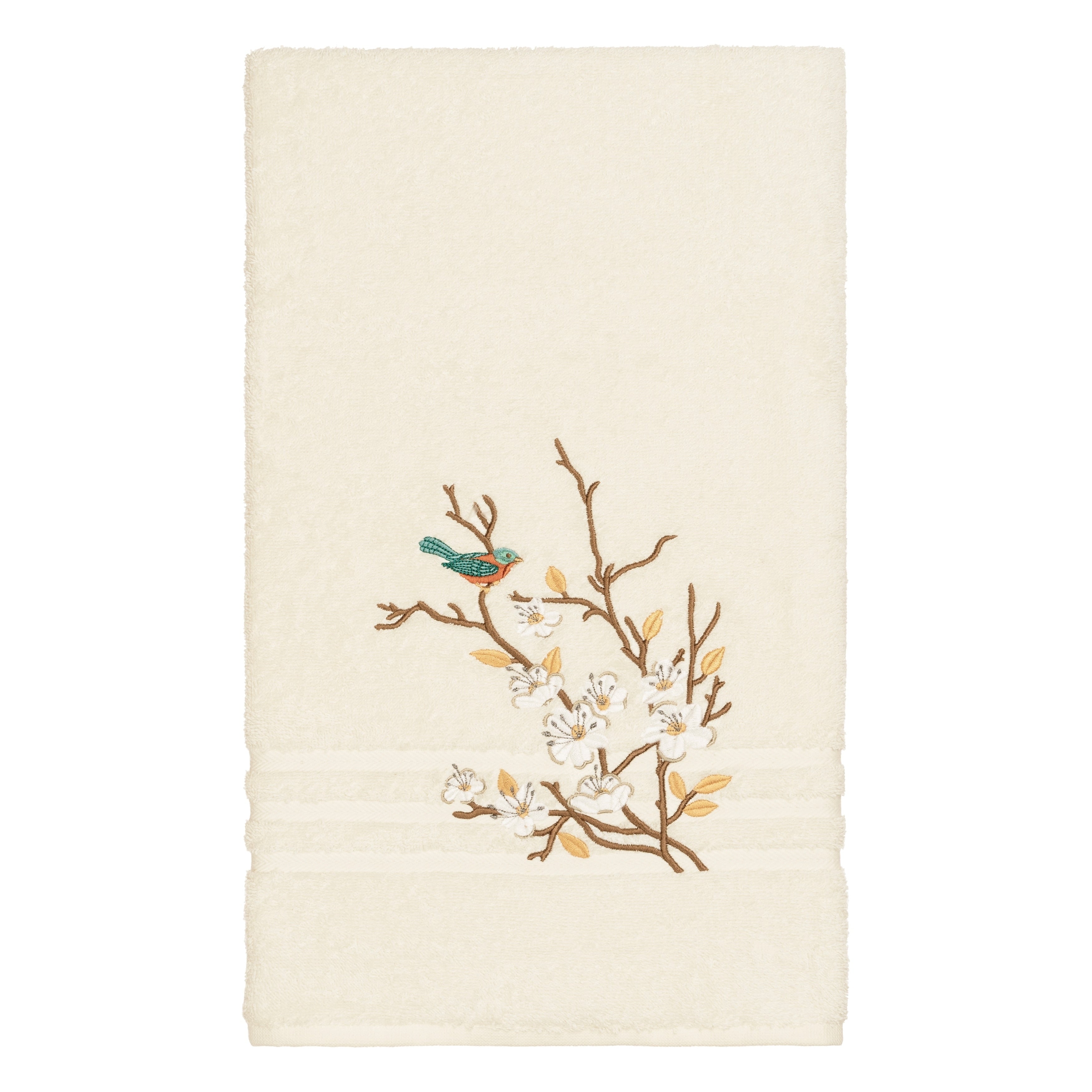 Authentic Hotel And Spa Turkish Cotton Blue Bird Embroidered Cream Bath Towel