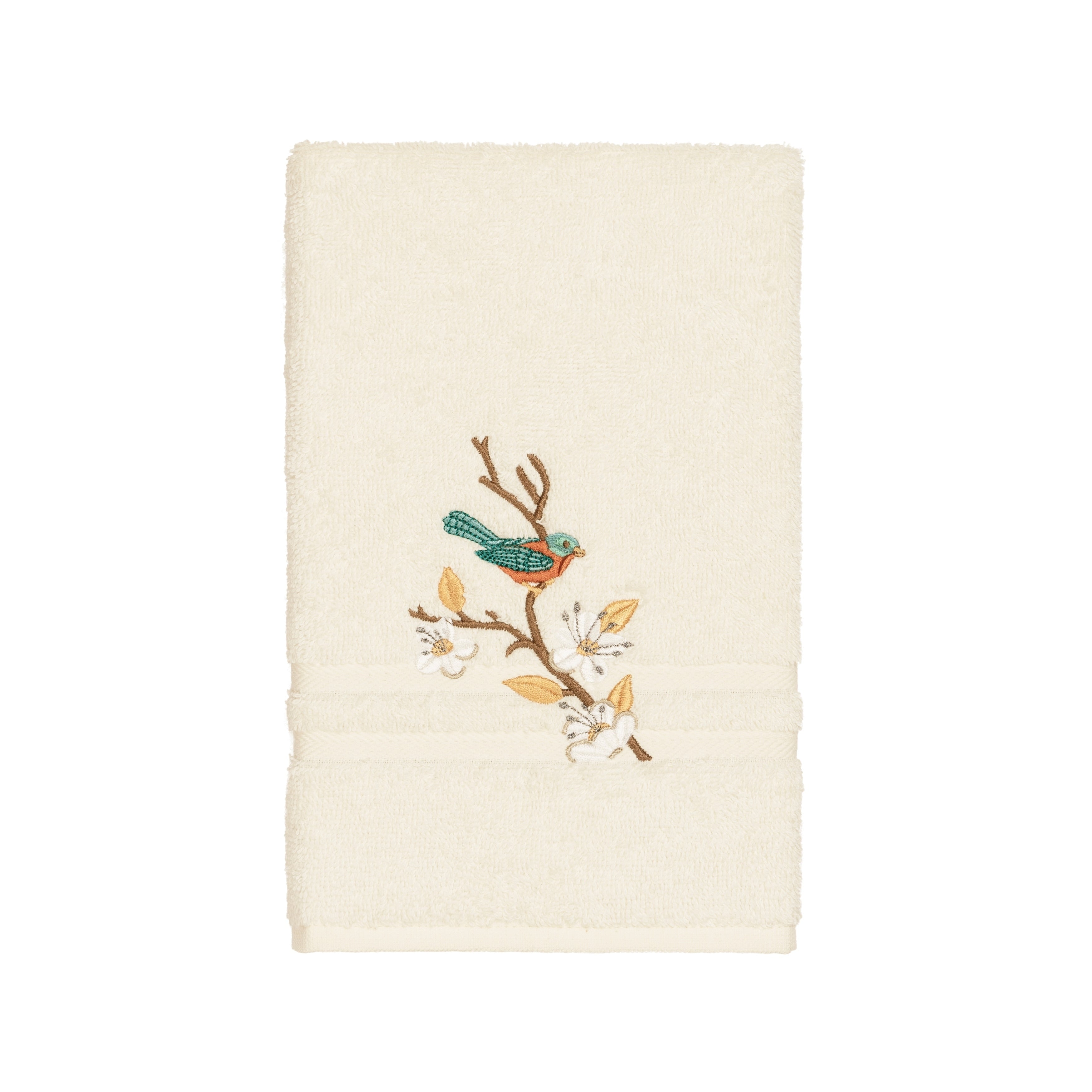 Authentic Hotel And Spa Turkish Cotton Blue Bird Embroidered Cream Hand Towel