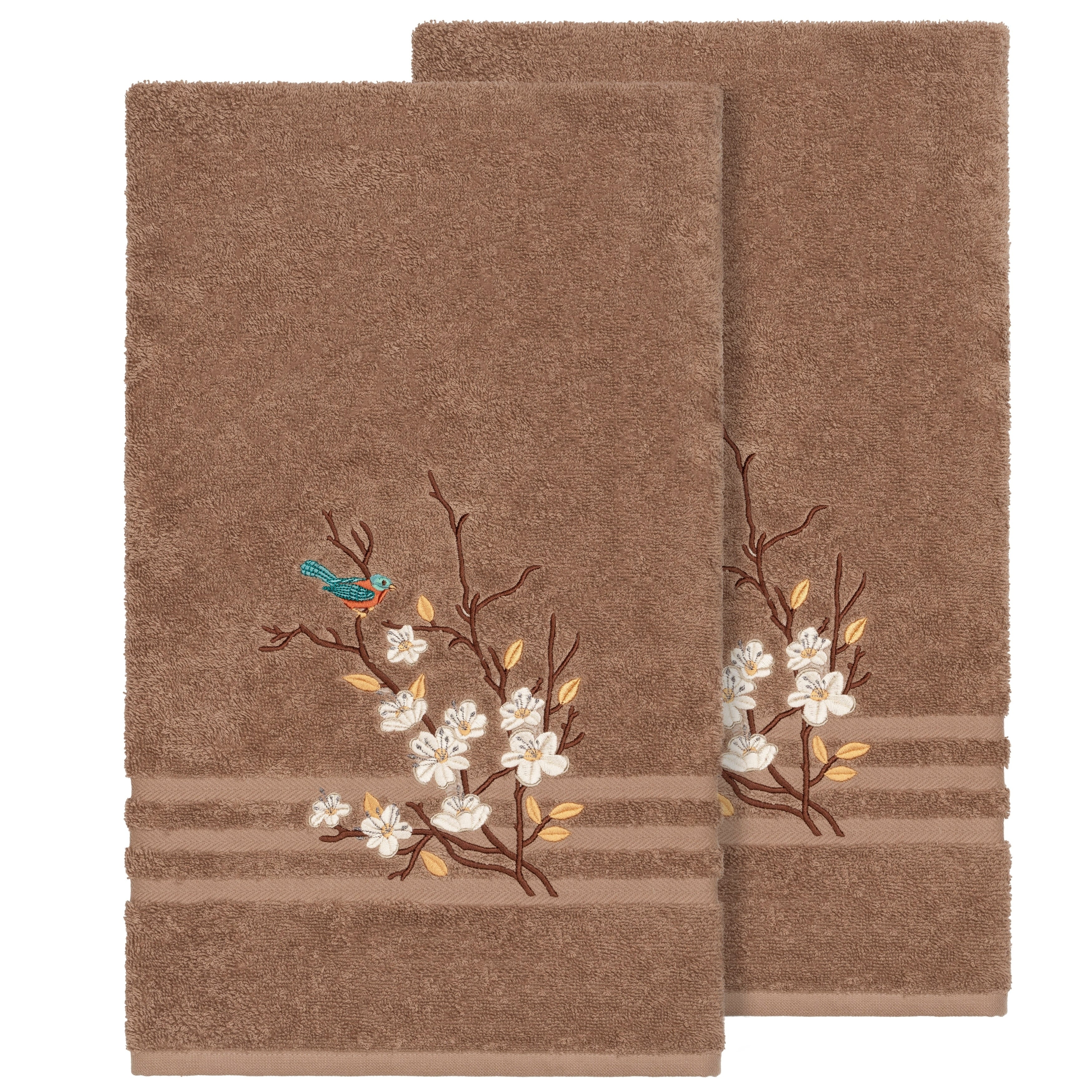 Authentic Hotel And Spa Turkish Cotton Blue Bird Embroidered Latte Brown 2 Piece Bath Towel Set
