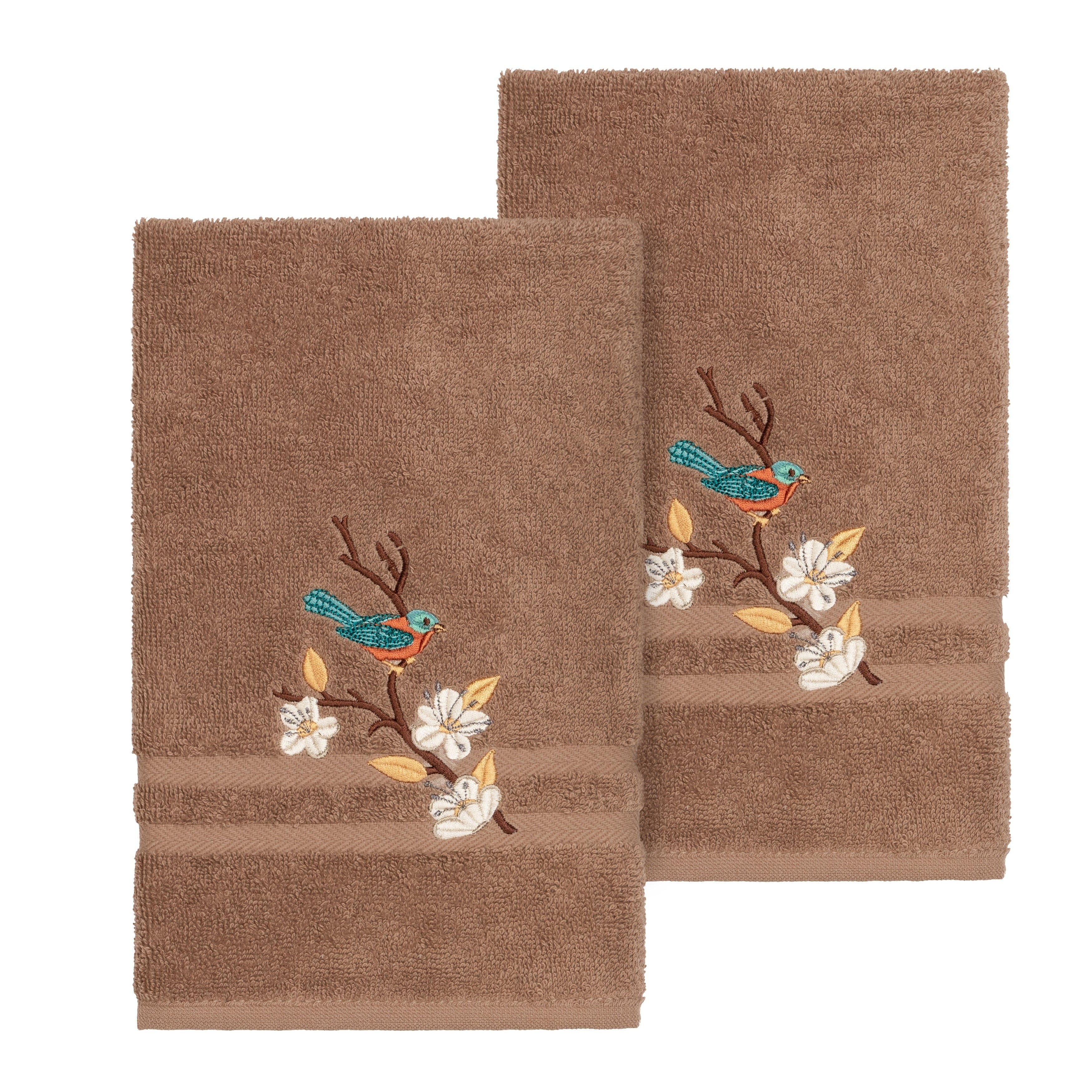Authentic Hotel And Spa Turkish Cotton Blue Bird Embroidered Latte Brown 2 Piece Towel Hand Set