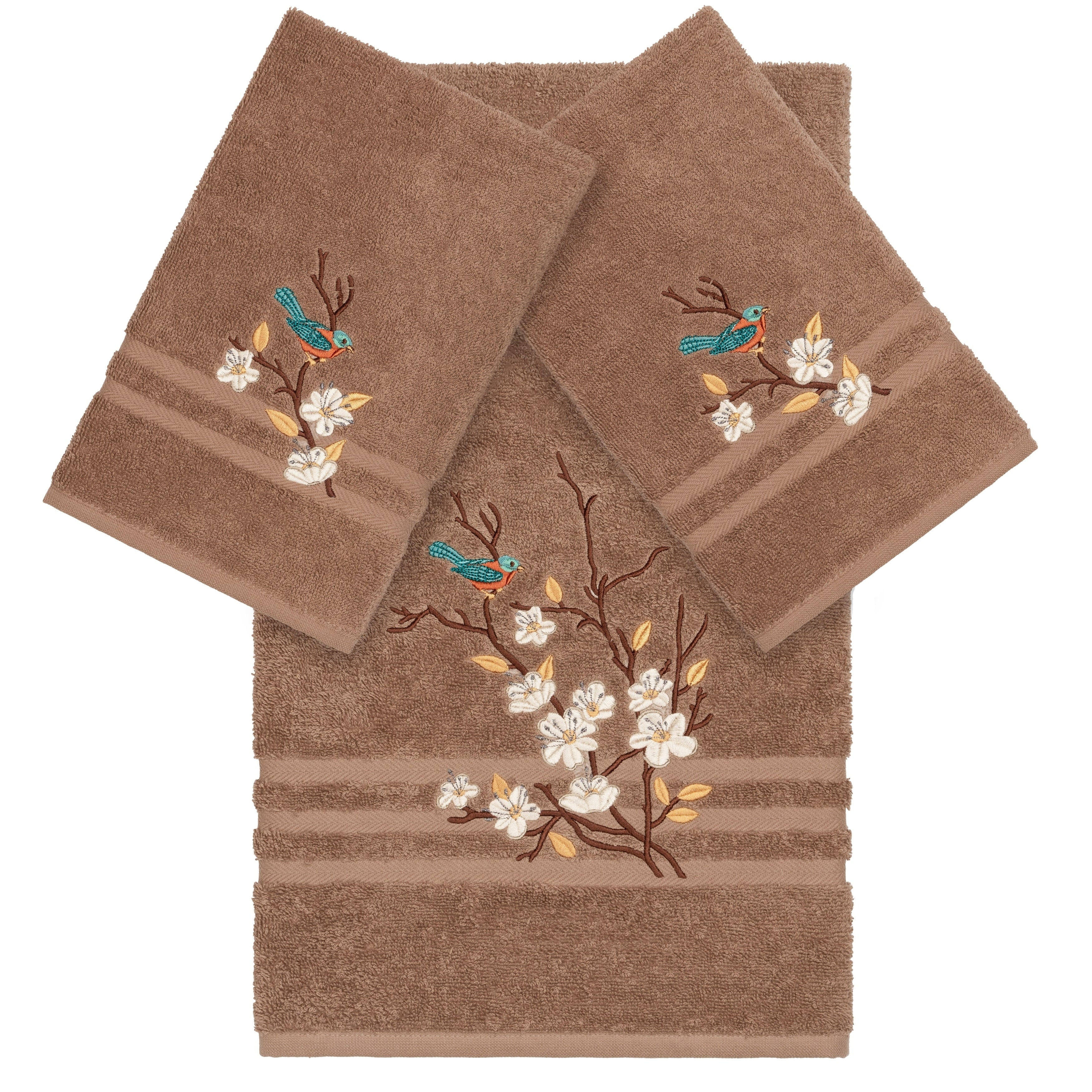 Authentic Hotel And Spa Turkish Cotton Blue Bird Embroidered Latte Brown 3 Piece Towel Set