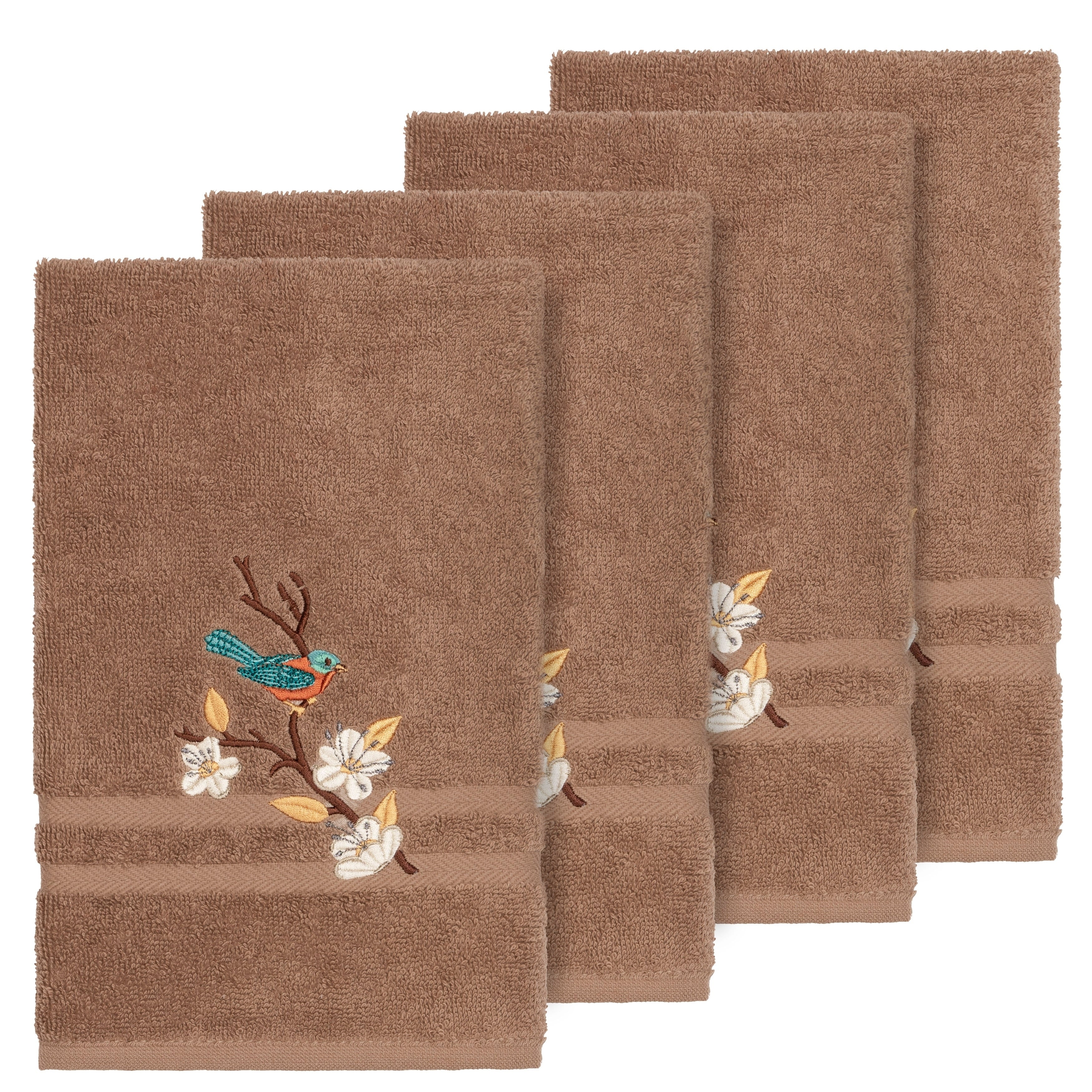 Authentic Hotel And Spa Turkish Cotton Blue Bird Embroidered Latte Brown 4 Piece Hand Towel Set