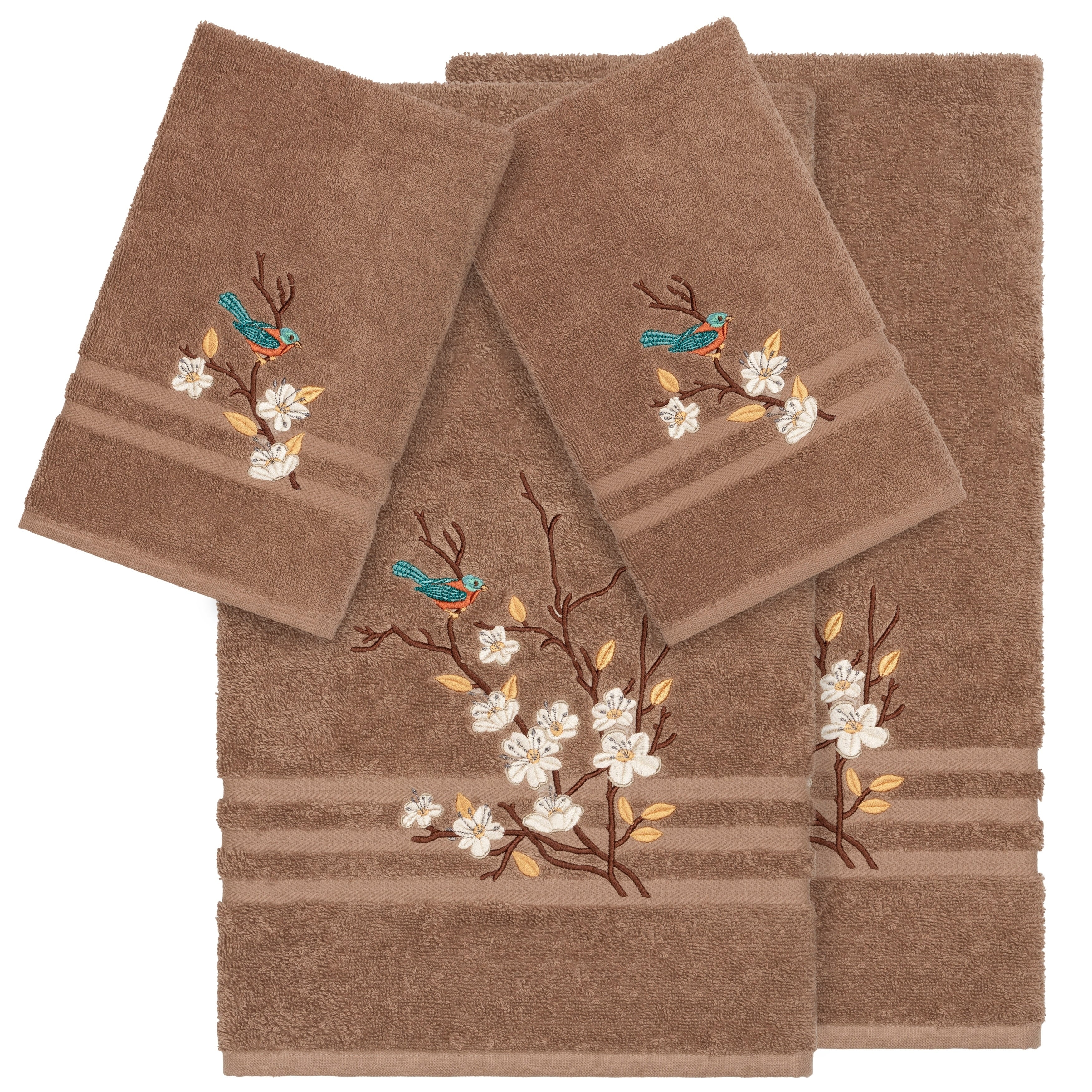 Authentic Hotel And Spa Turkish Cotton Blue Bird Embroidered Latte Brown 4 Piece Towel Set