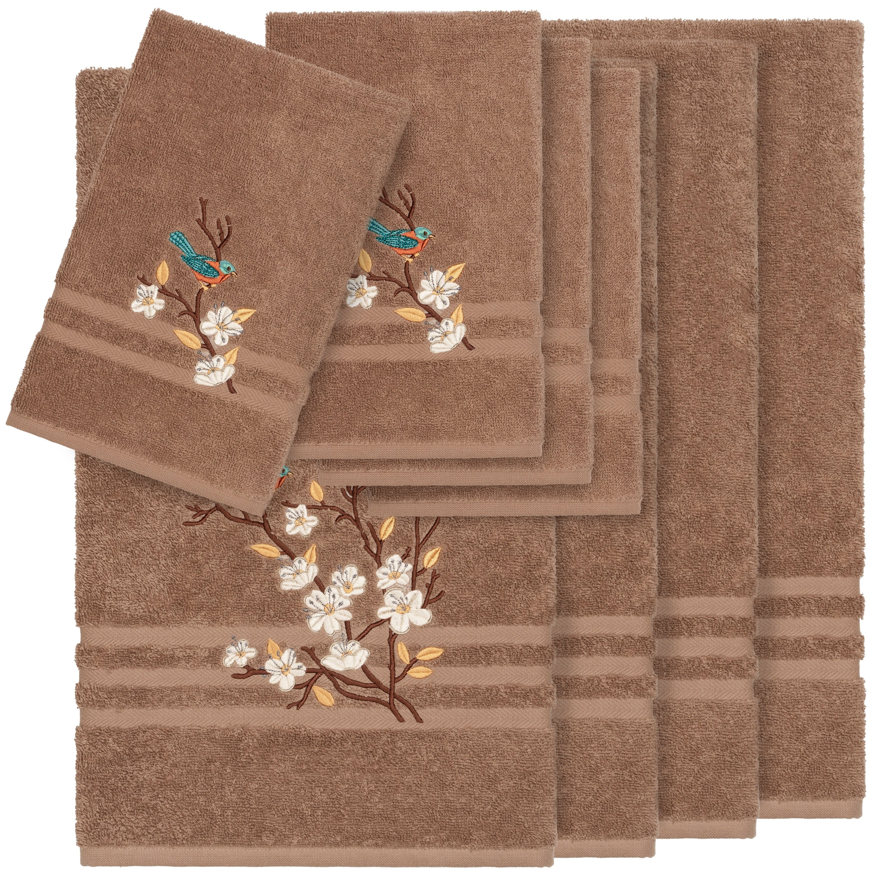 Authentic Hotel And Spa Turkish Cotton Blue Bird Embroidered Latte Brown 8 Piece Towel Set