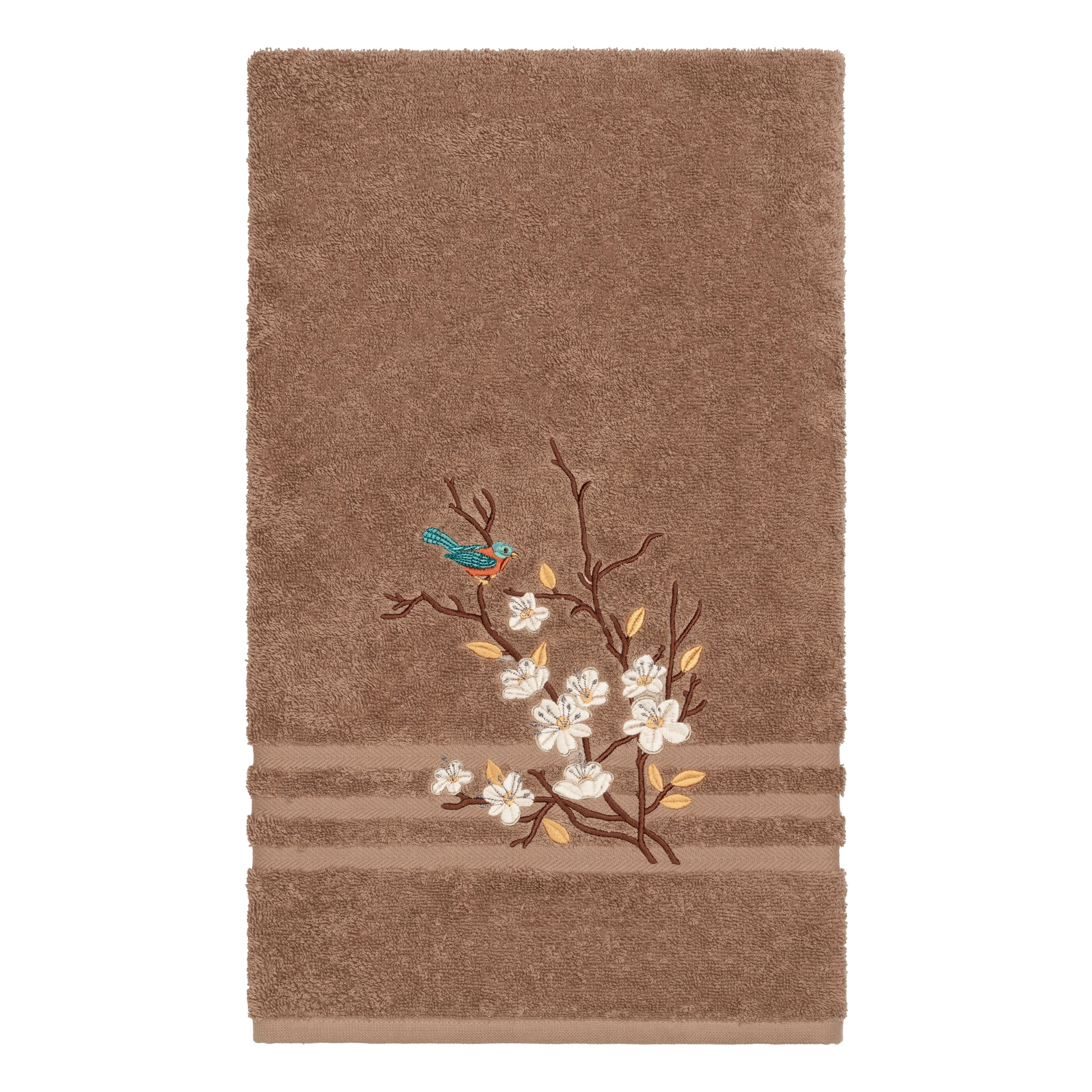 Authentic Hotel And Spa Turkish Cotton Blue Bird Embroidered Latte Brown Bath Towel