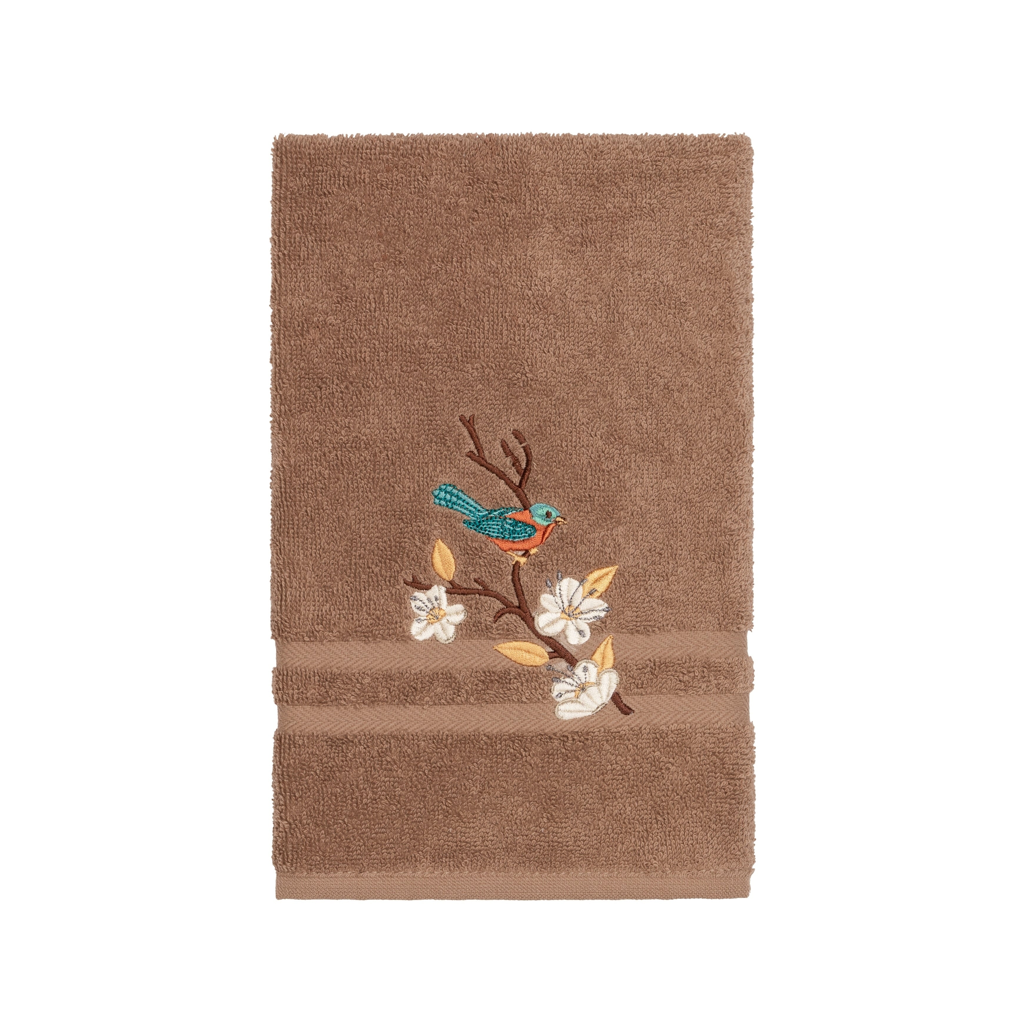 Authentic Hotel And Spa Turkish Cotton Blue Bird Embroidered Latte Brown Hand Towel