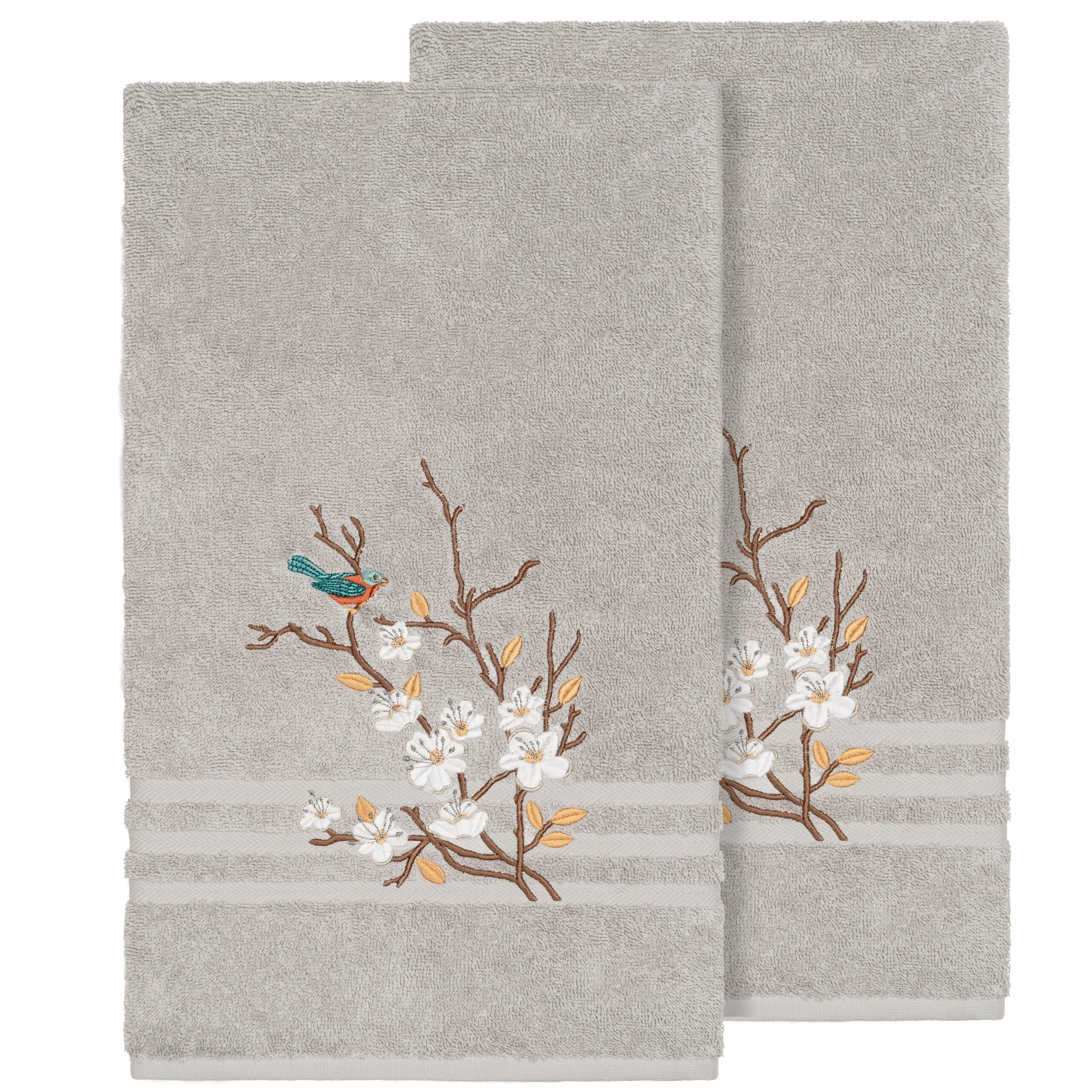 Authentic Hotel And Spa Turkish Cotton Blue Bird Embroidered Light Grey 2 Piece Bath Towel Set