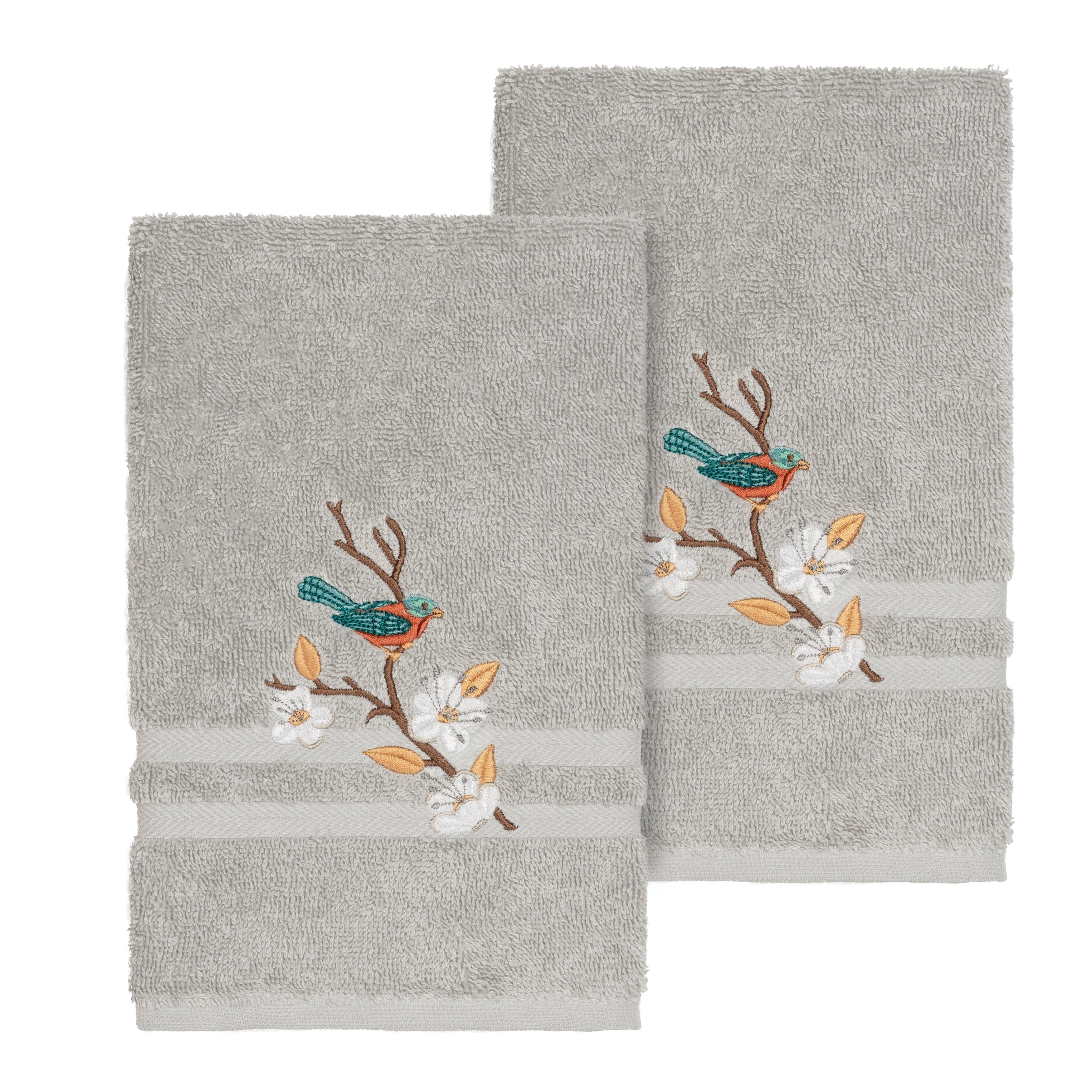 Authentic Hotel And Spa Turkish Cotton Blue Bird Embroidered Light Grey 2 Piece Towel Hand Set