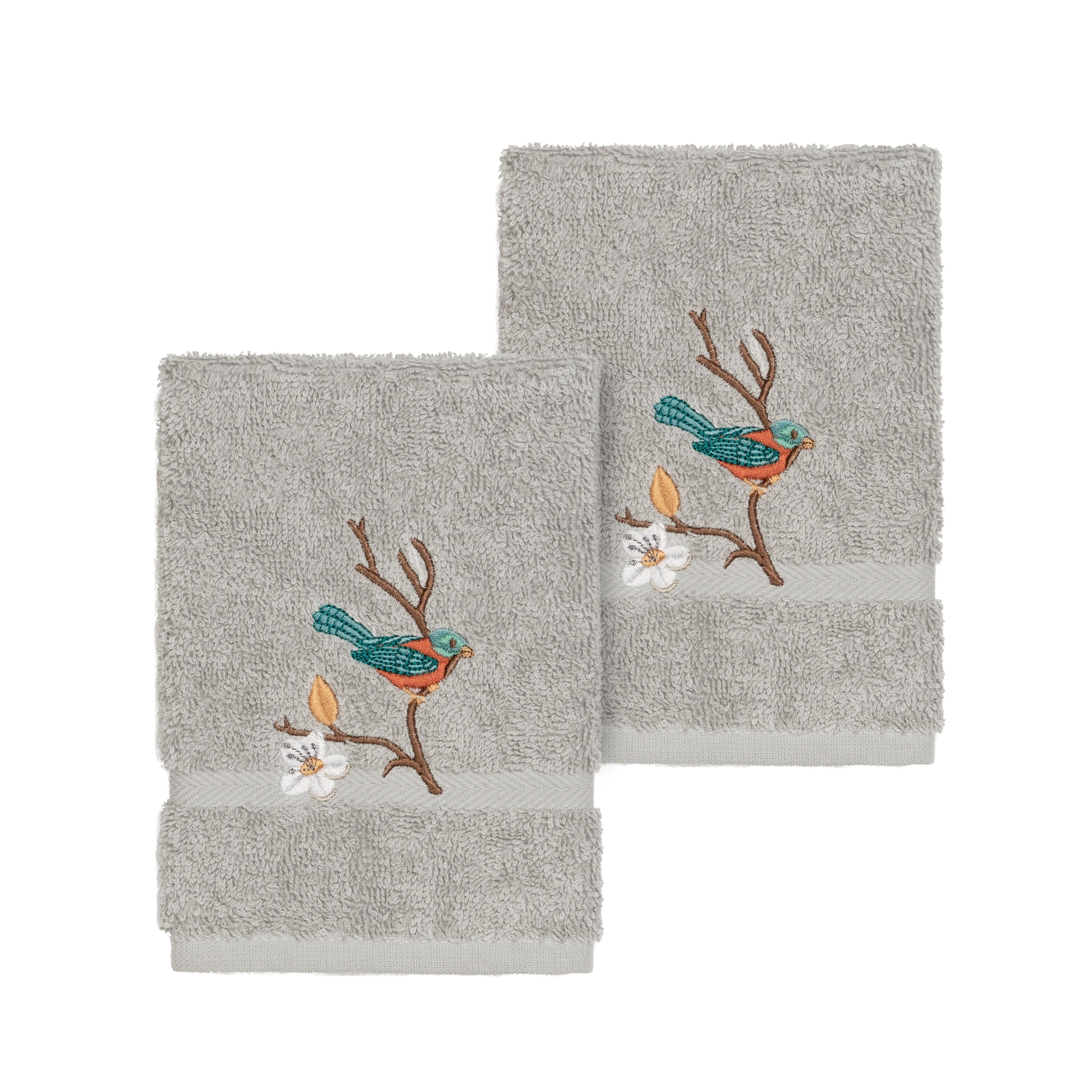 Authentic Hotel And Spa Turkish Cotton Blue Bird Embroidered Light Grey 2 Piece Washcloth Set
