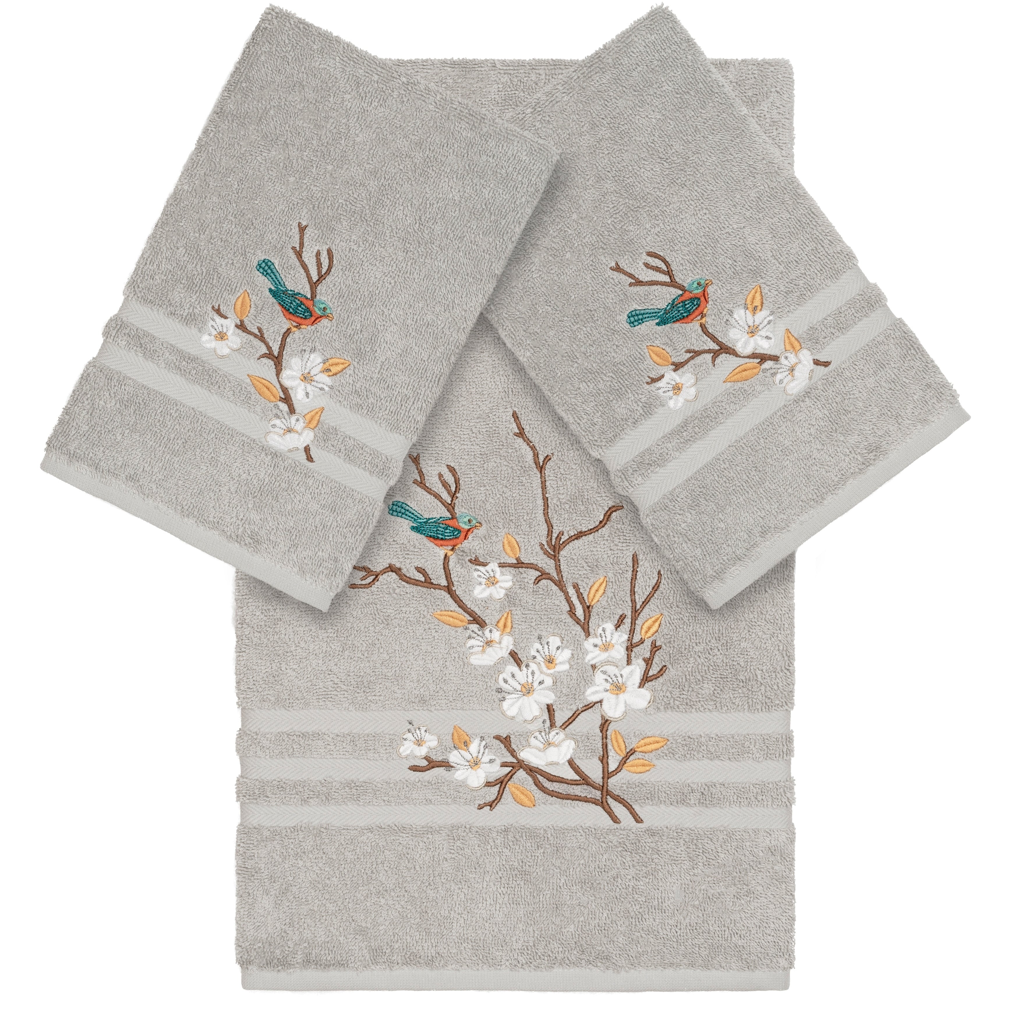 Authentic Hotel And Spa Turkish Cotton Blue Bird Embroidered Light Grey 3 Piece Towel Set