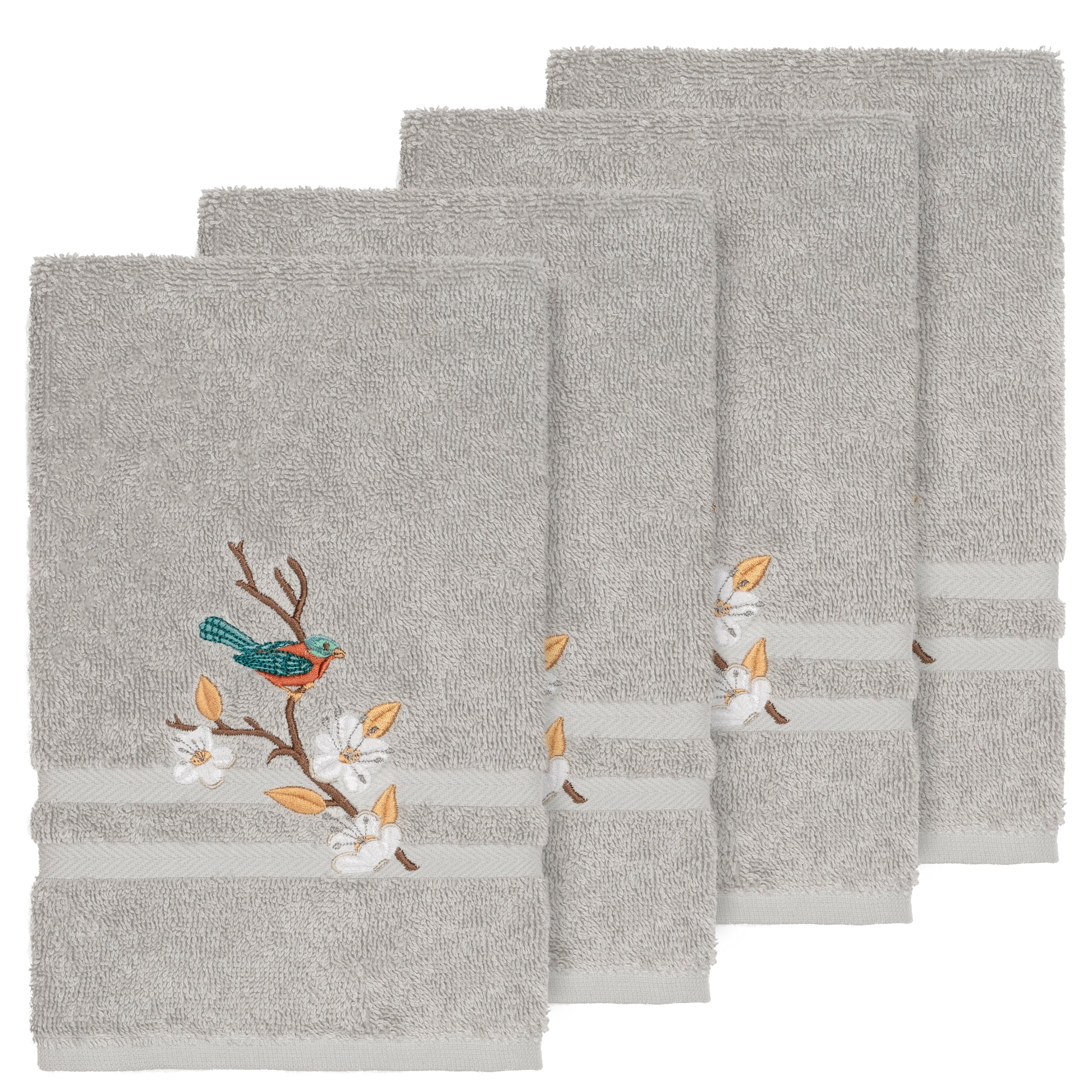 Authentic Hotel And Spa Turkish Cotton Blue Bird Embroidered Light Grey 4 Piece Hand Towel Set