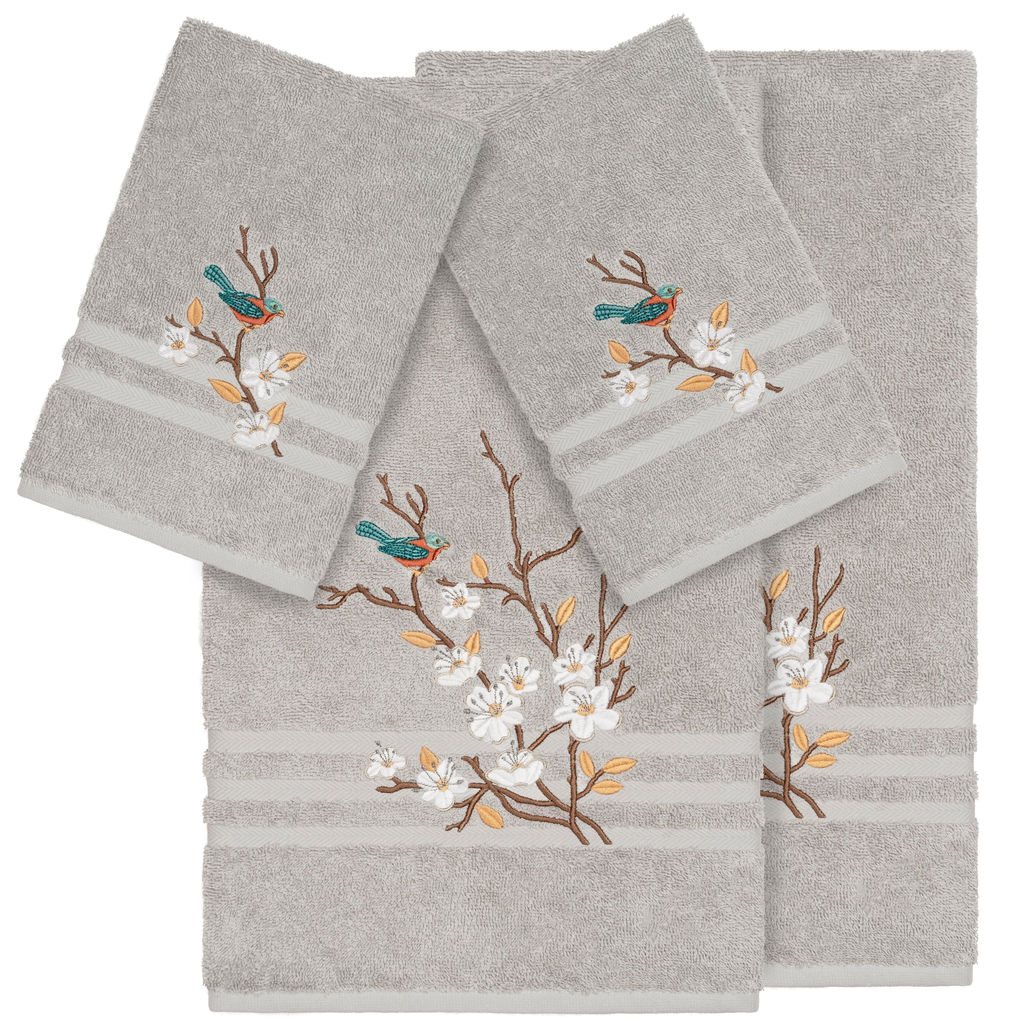 Authentic Hotel And Spa Turkish Cotton Blue Bird Embroidered Light Grey 4 Piece Towel Set