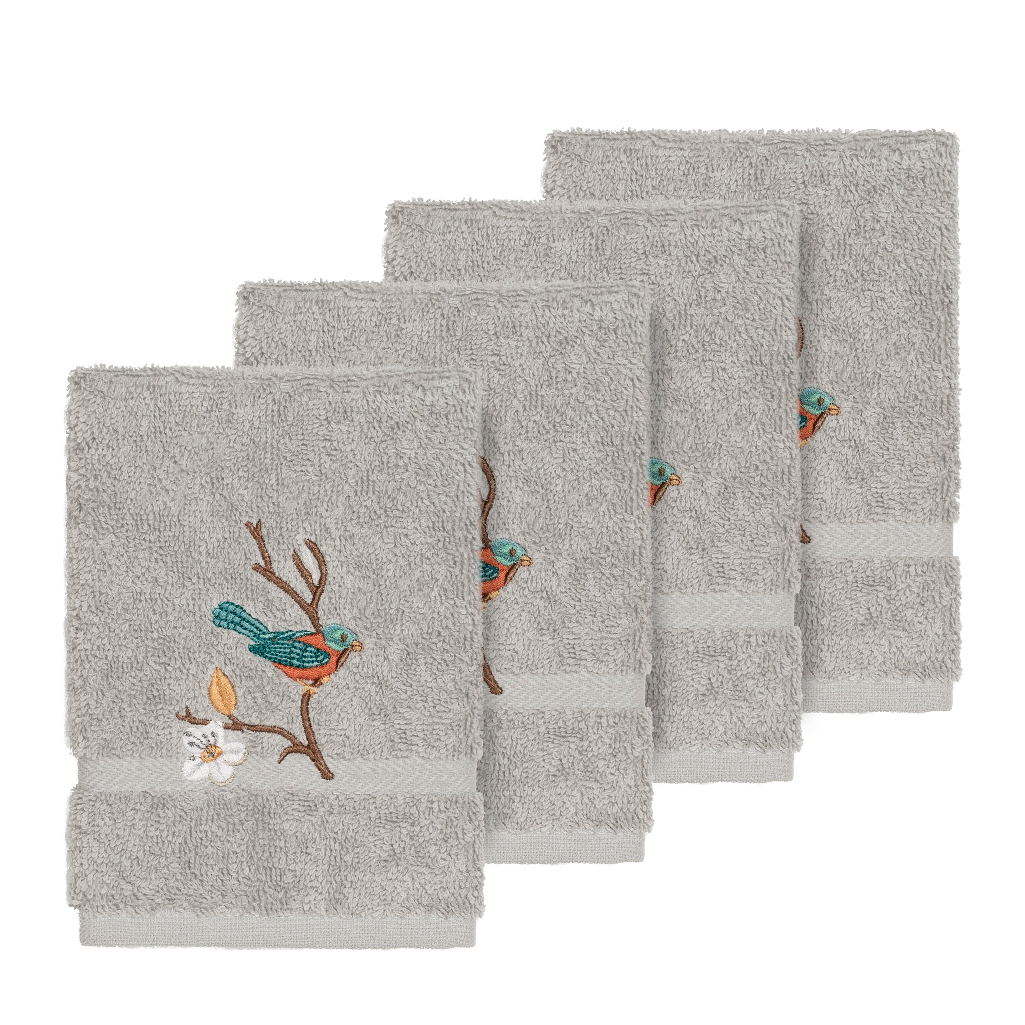 Authentic Hotel And Spa Turkish Cotton Blue Bird Embroidered Light Grey 4 Piece Washcloth Set