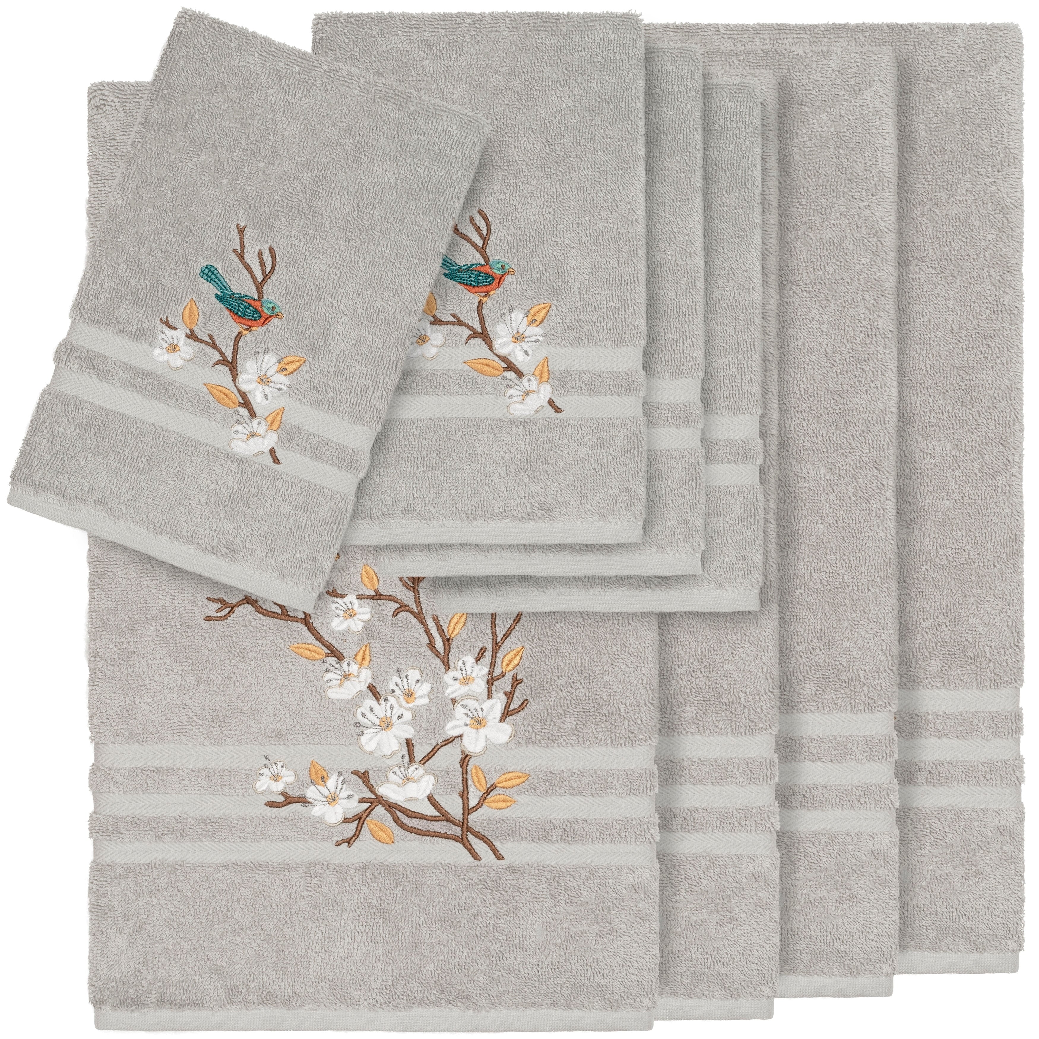 Authentic Hotel And Spa Turkish Cotton Blue Bird Embroidered Light Grey 8 Piece Towel Set