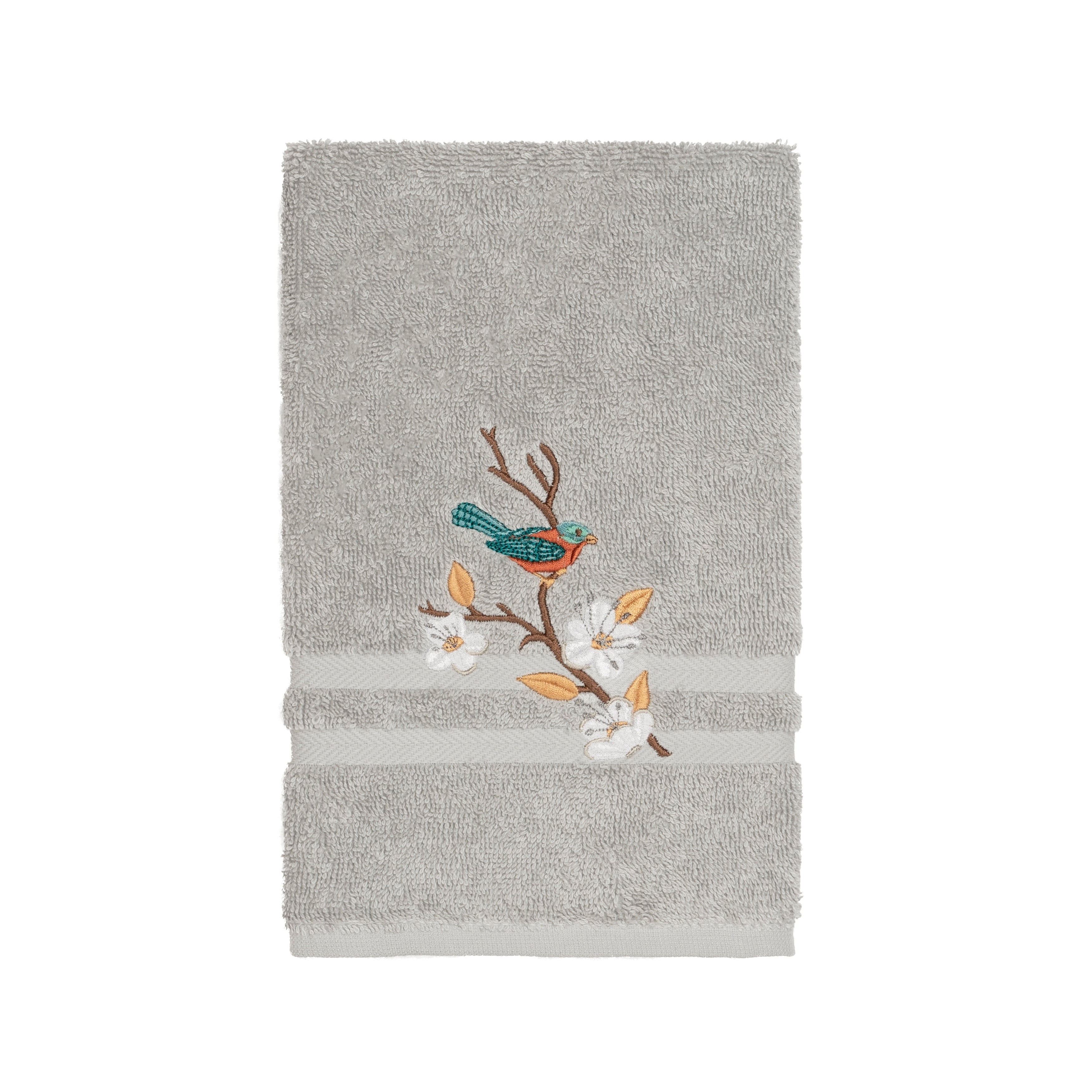 Authentic Hotel And Spa Turkish Cotton Blue Bird Embroidered Light Grey Hand Towel