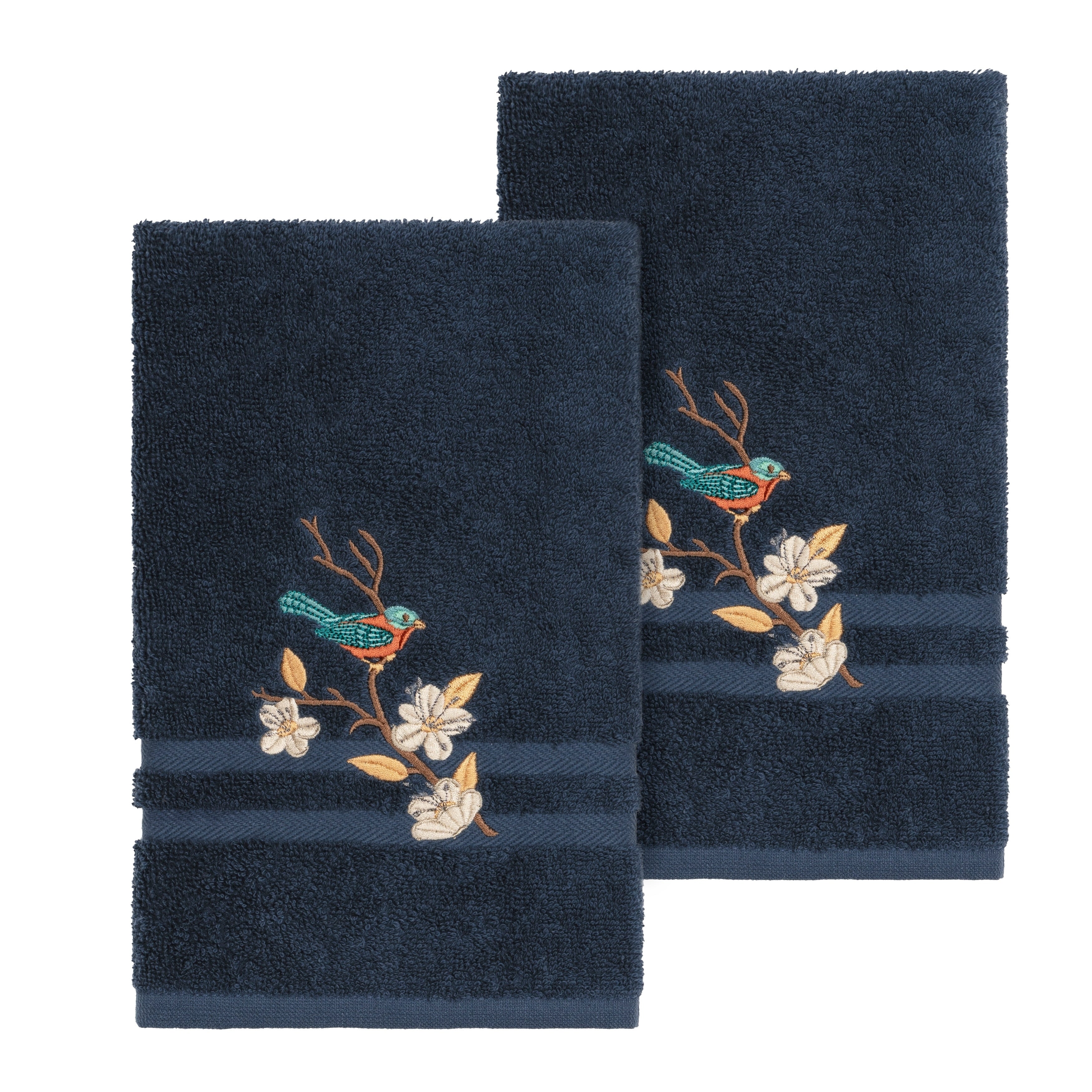 Authentic Hotel And Spa Turkish Cotton Blue Bird Embroidered Midnight Blue 2 Piece Towel Hand Set