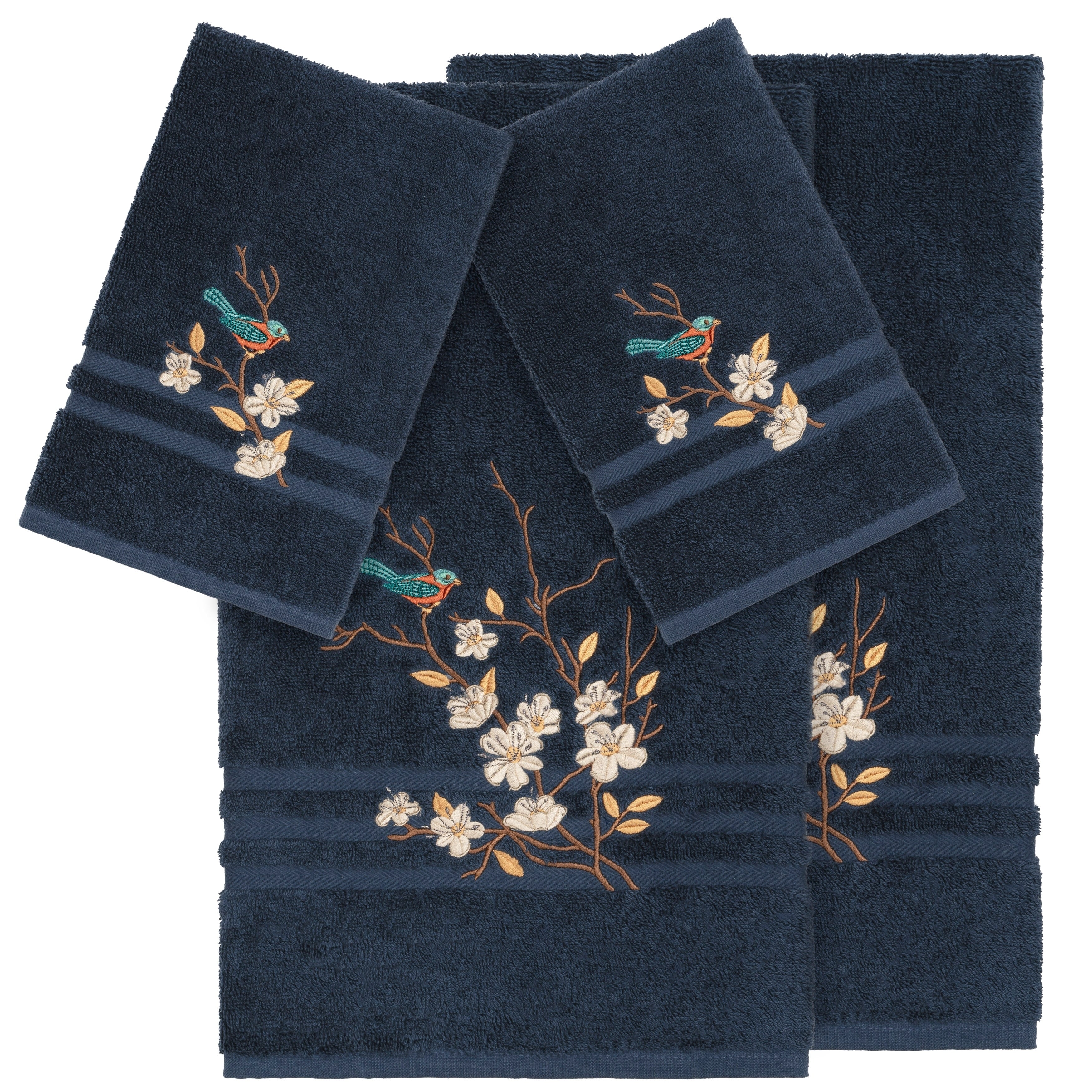 Authentic Hotel And Spa Turkish Cotton Blue Bird Embroidered Midnight Blue 4 Piece Towel Set