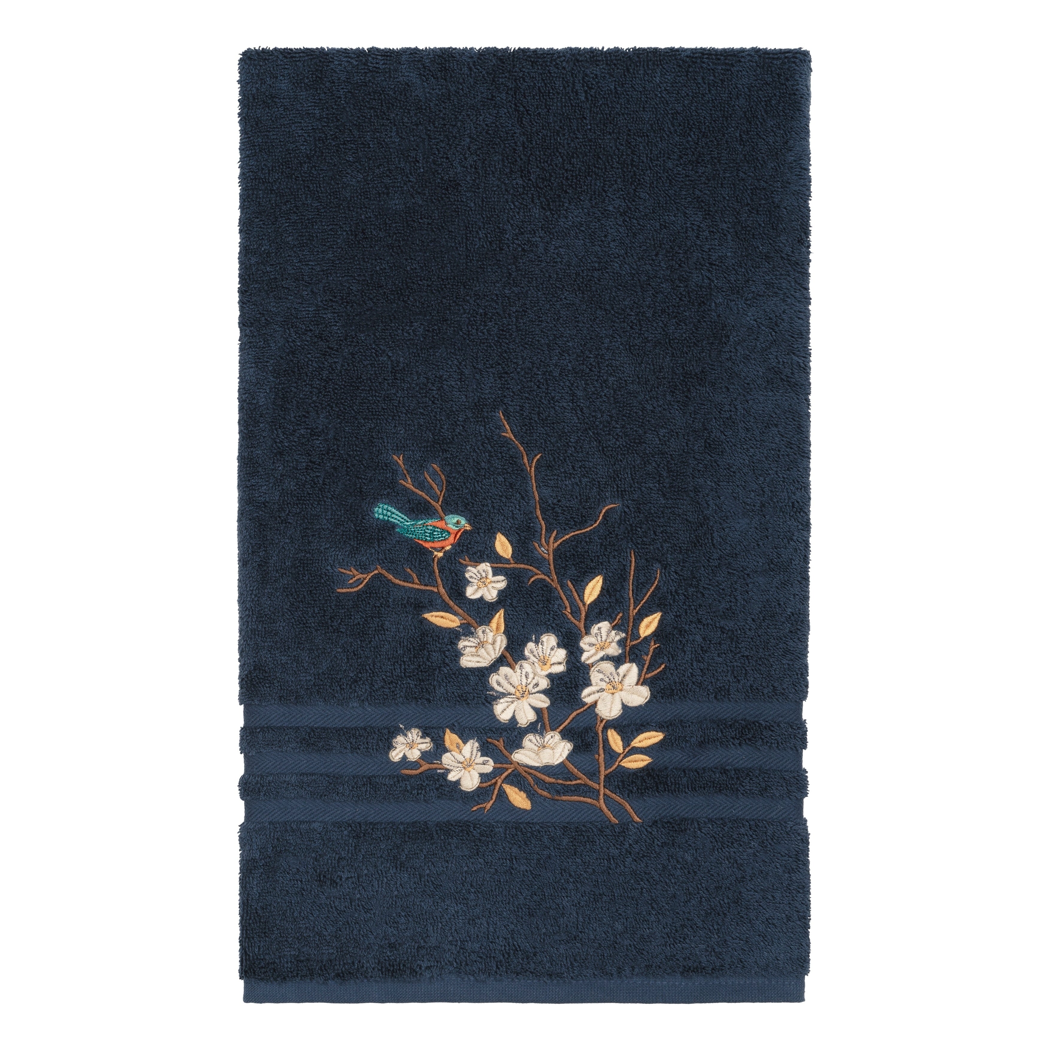 Authentic Hotel And Spa Turkish Cotton Blue Bird Embroidered Midnight Blue Bath Towel