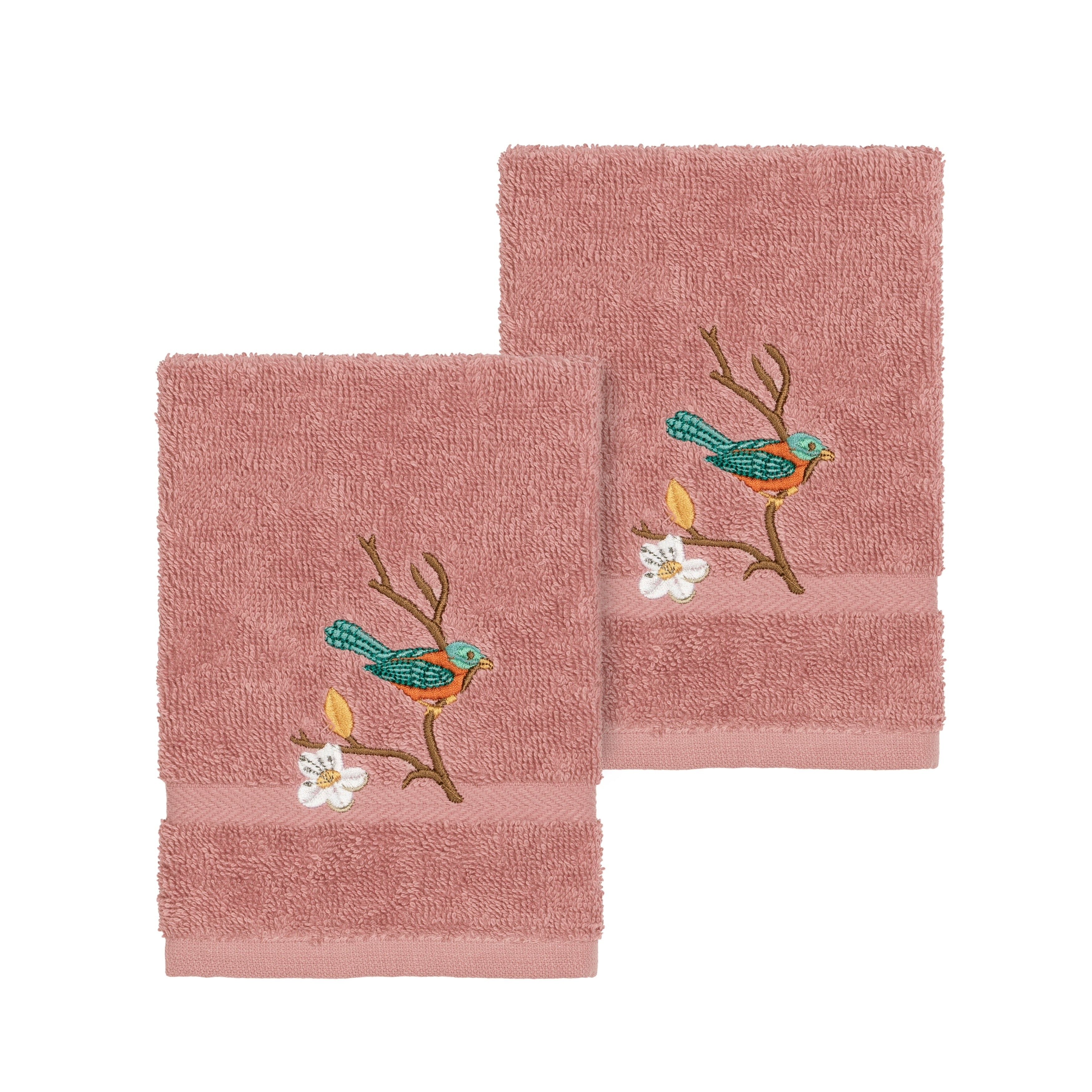 Authentic Hotel And Spa Turkish Cotton Blue Bird Embroidered Tea Rose 2 Piece Washcloth Set
