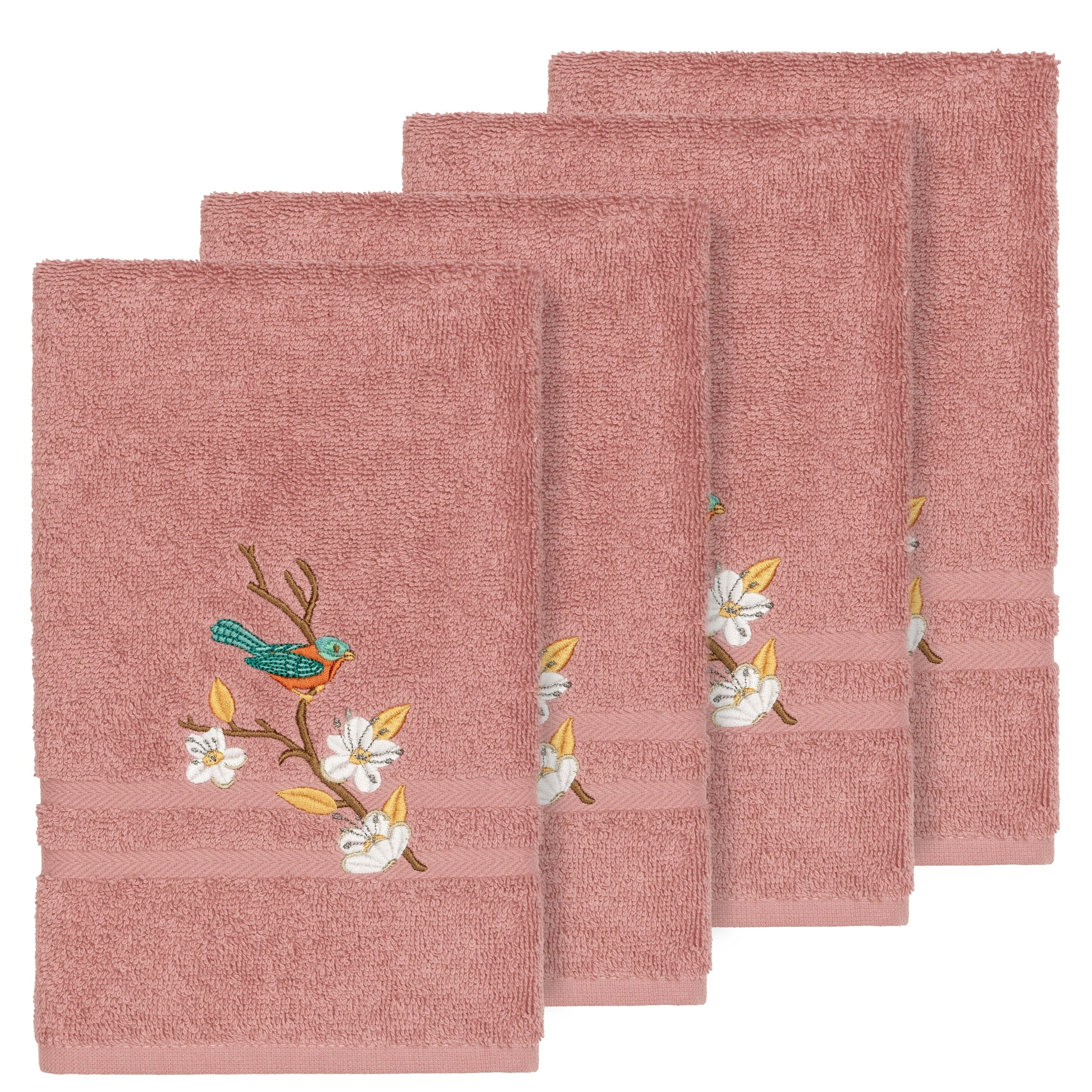 Authentic Hotel And Spa Turkish Cotton Blue Bird Embroidered Tea Rose 4 Piece Hand Towel Set