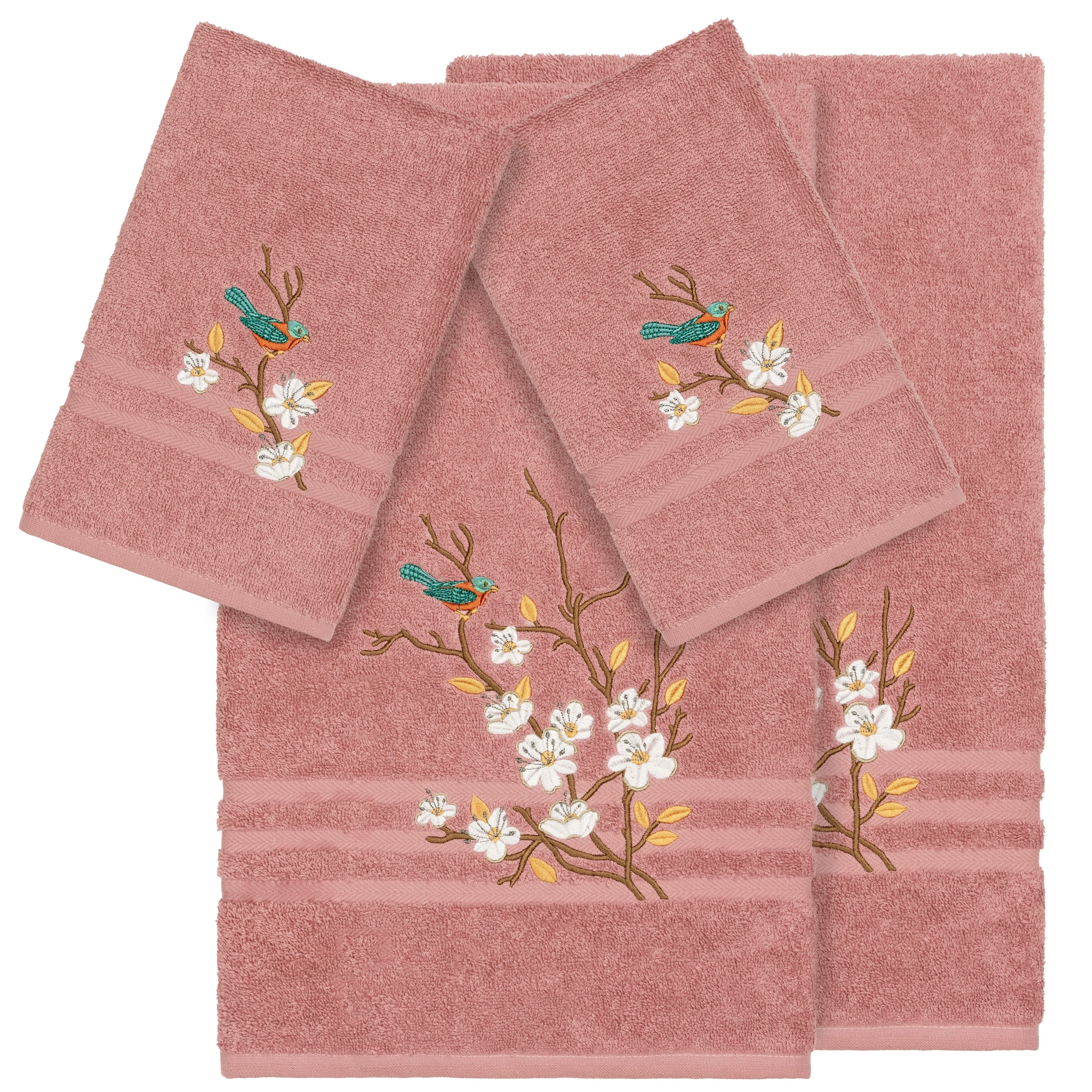 Authentic Hotel And Spa Turkish Cotton Blue Bird Embroidered Tea Rose 4 Piece Towel Set