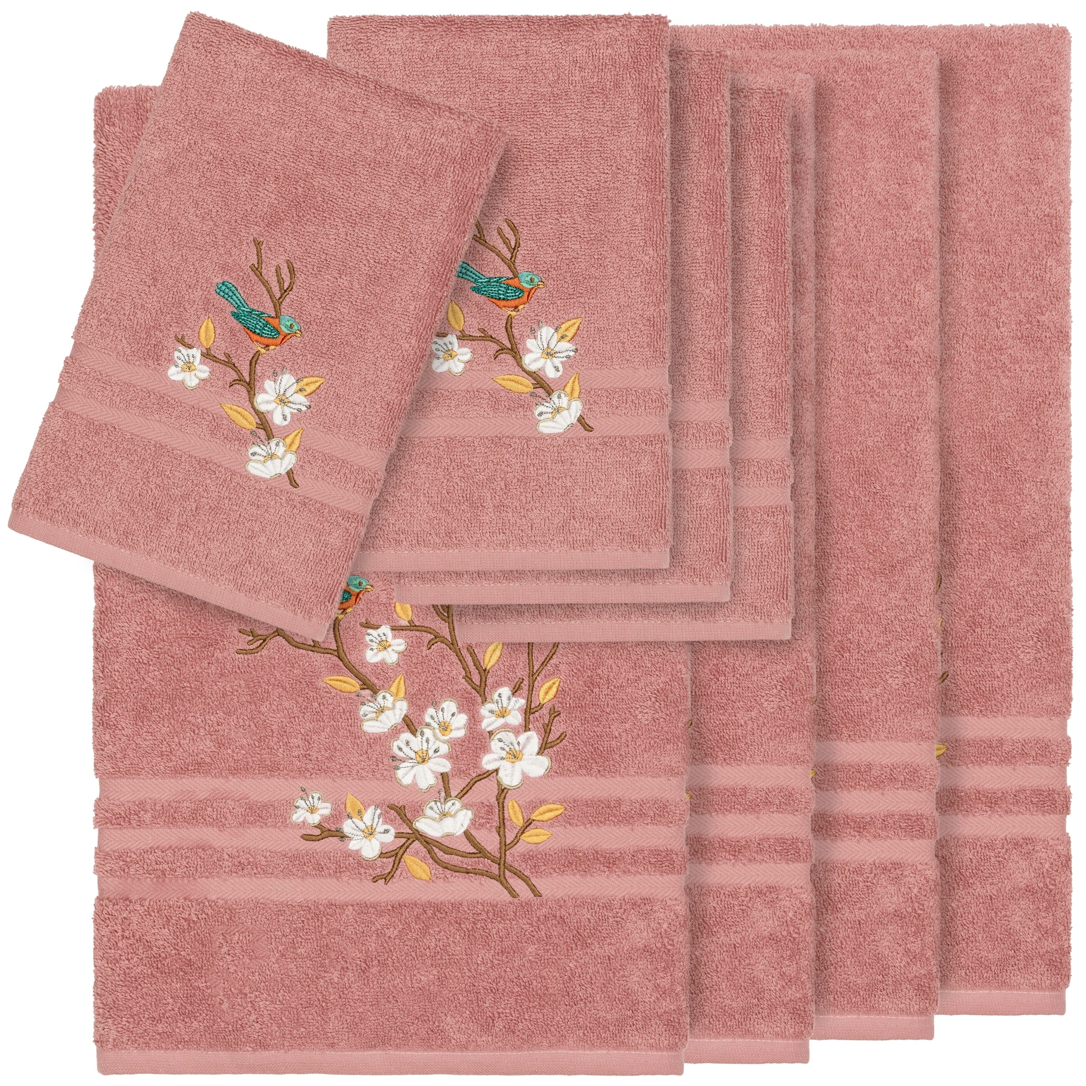 Authentic Hotel And Spa Turkish Cotton Blue Bird Embroidered Tea Rose 8 Piece Towel Set