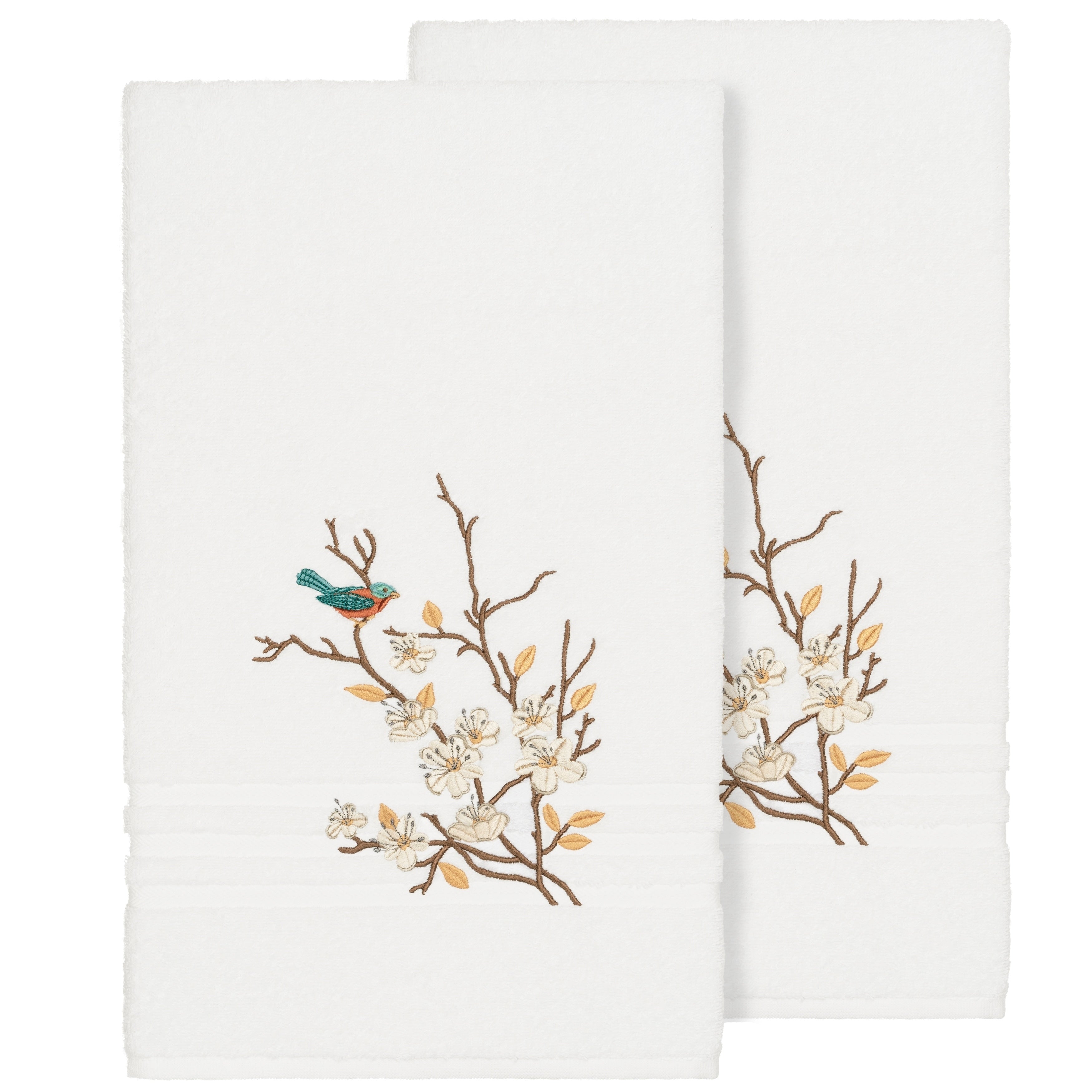 Authentic Hotel And Spa Turkish Cotton Blue Bird Embroidered White 2 Piece Bath Towel Set