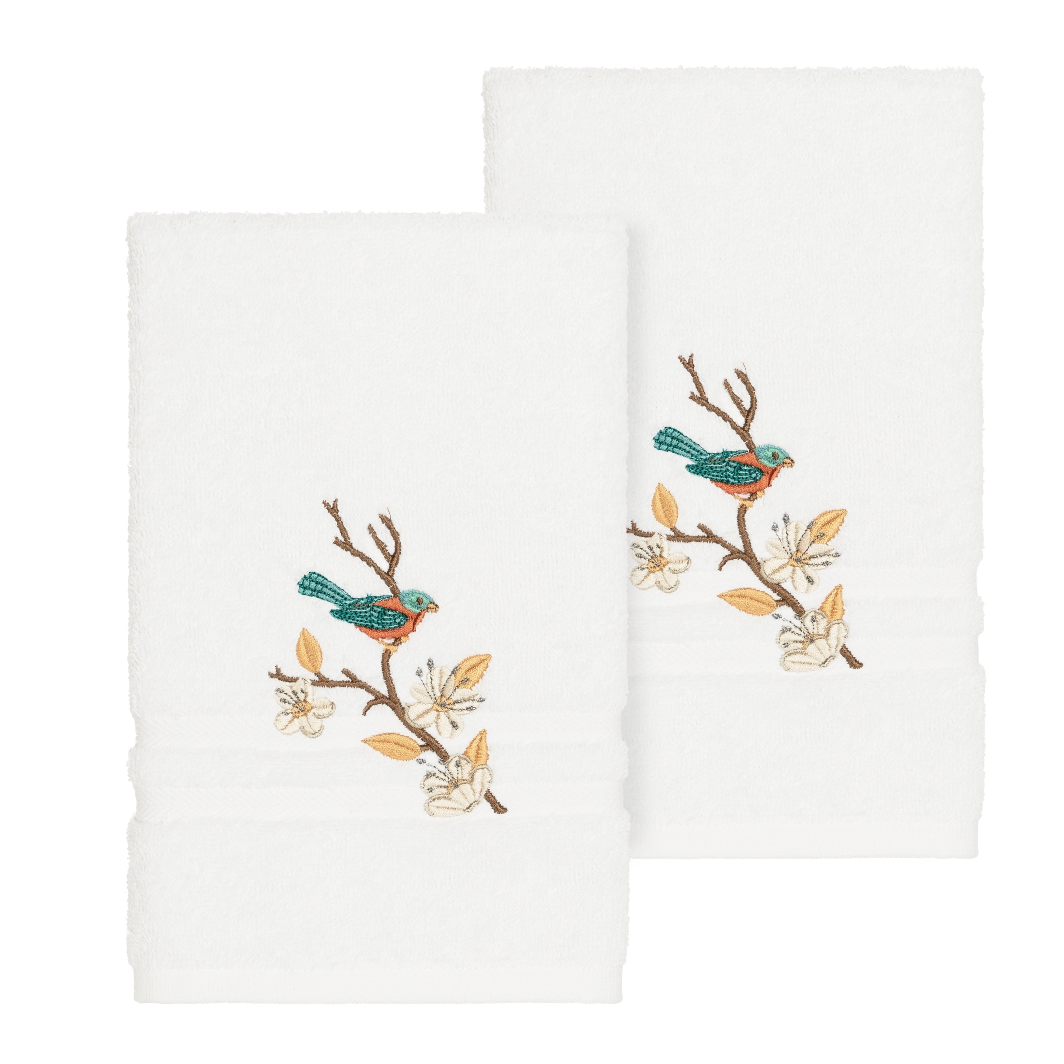 Authentic Hotel And Spa Turkish Cotton Blue Bird Embroidered White 2 Piece Towel Hand Set