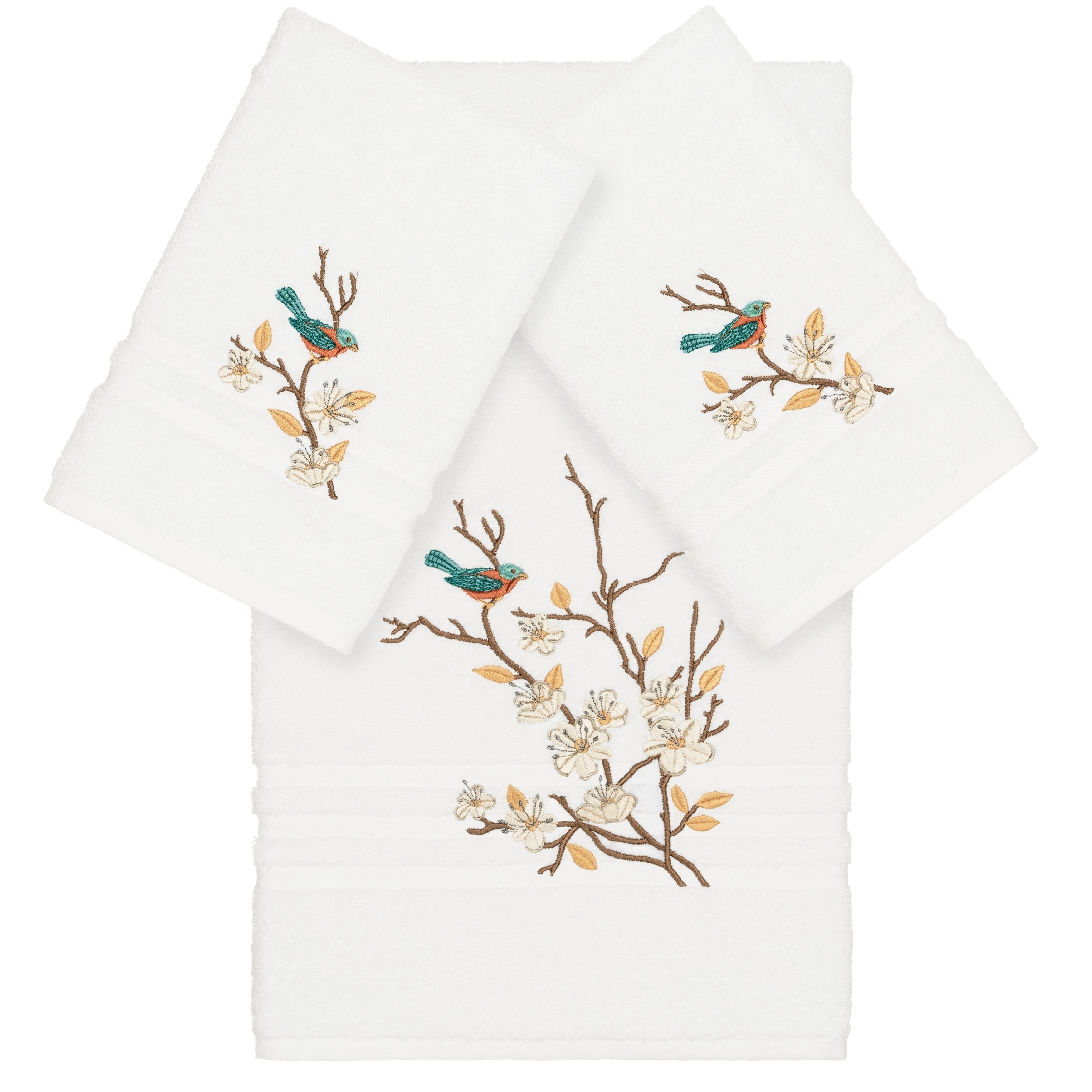 Authentic Hotel And Spa Turkish Cotton Blue Bird Embroidered White 3 Piece Towel Set