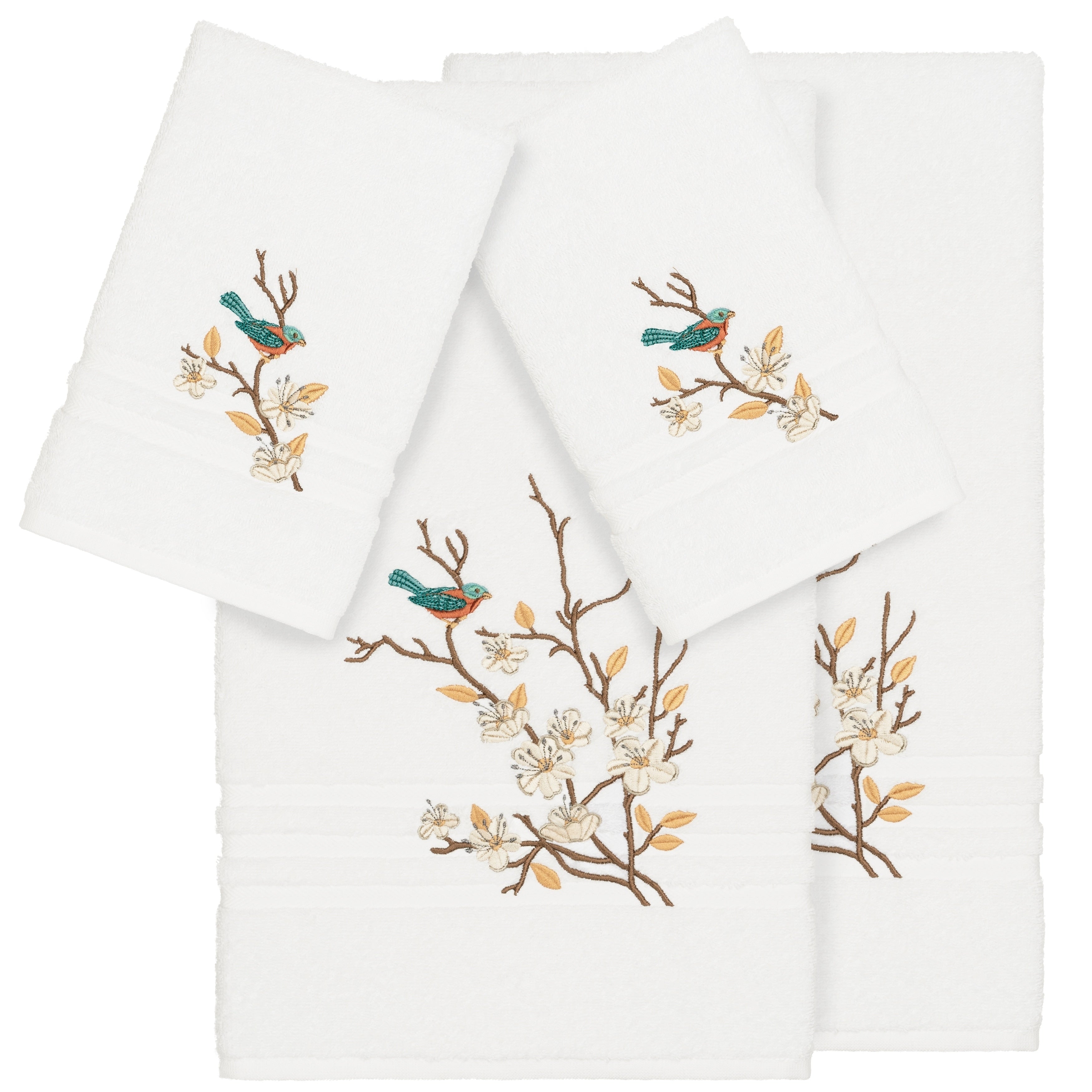 Authentic Hotel And Spa Turkish Cotton Blue Bird Embroidered White 4 Piece Towel Set