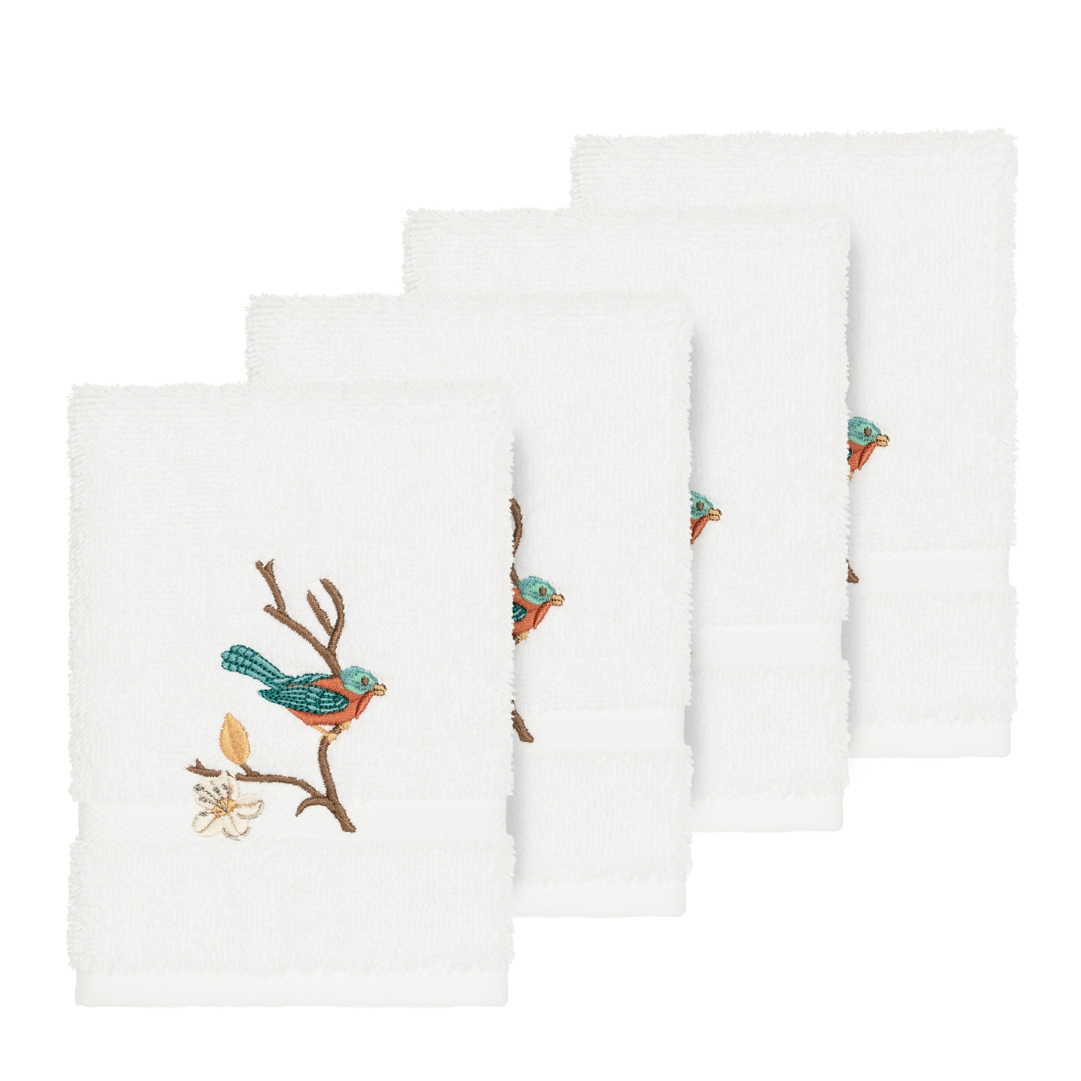 Authentic Hotel And Spa Turkish Cotton Blue Bird Embroidered White 4 Piece Washcloth Set
