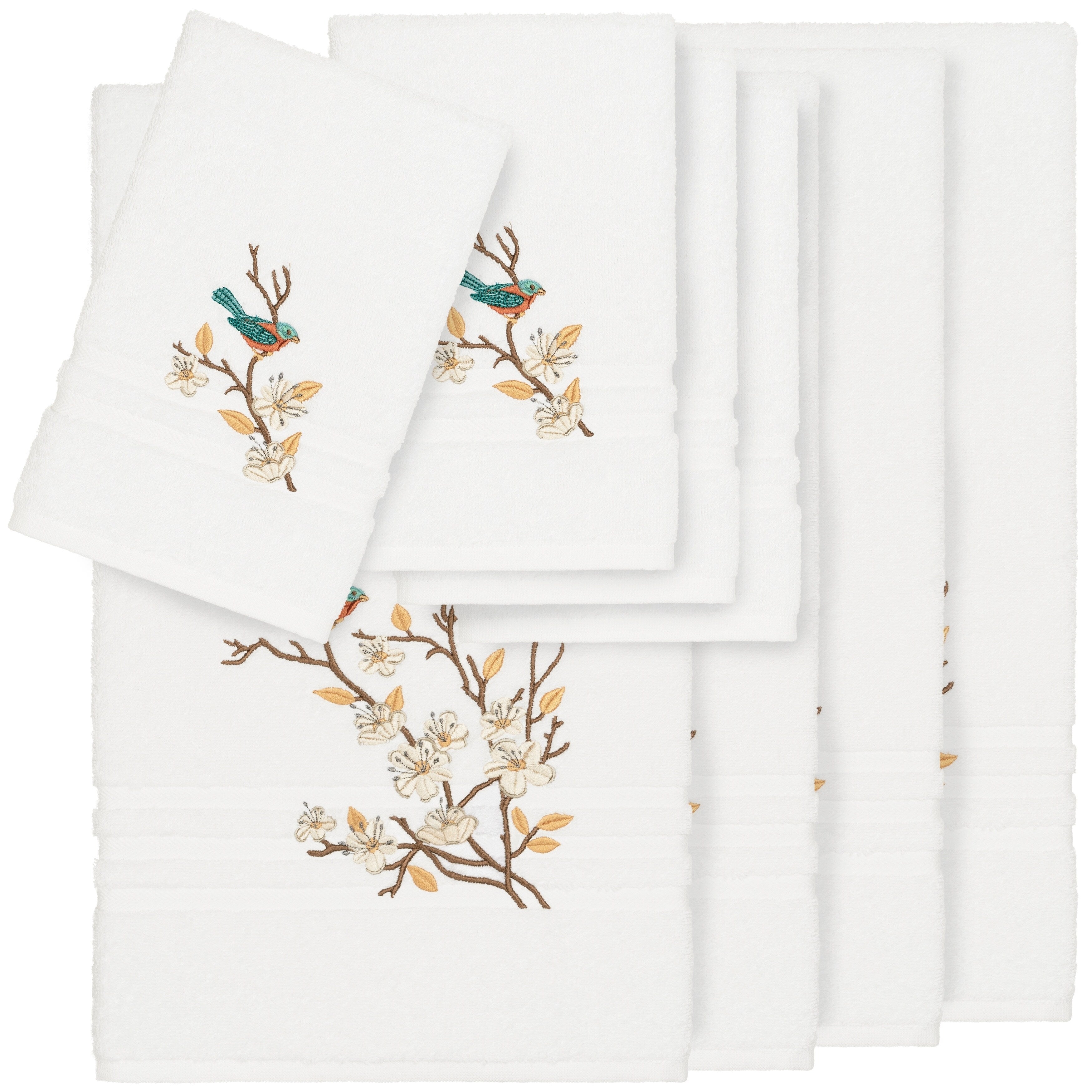 Authentic Hotel And Spa Turkish Cotton Blue Bird Embroidered White 8 Piece Towel Set