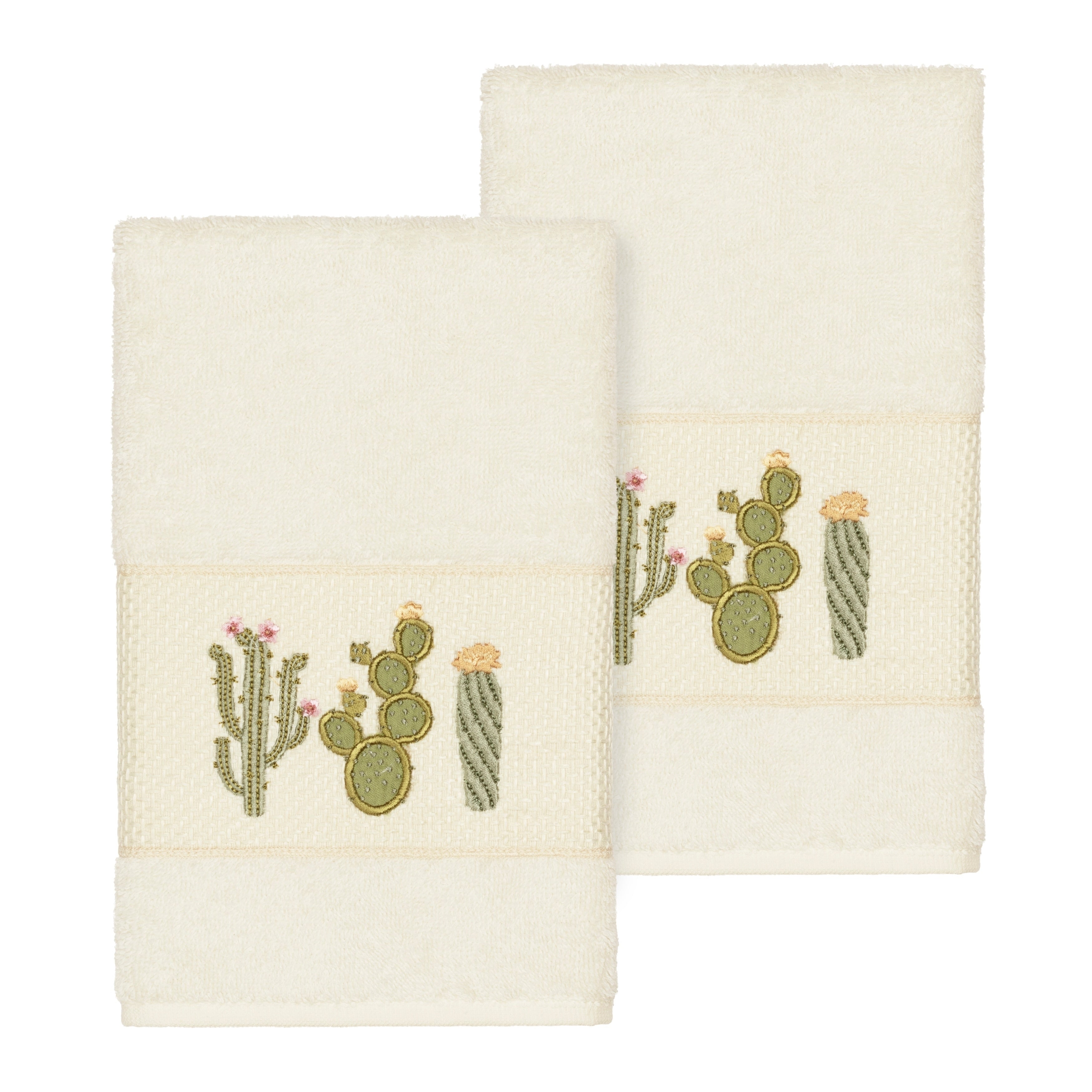 Authentic Hotel And Spa Turkish Cotton Cactus Embroidered Cream 2 Piece Towel Hand Set