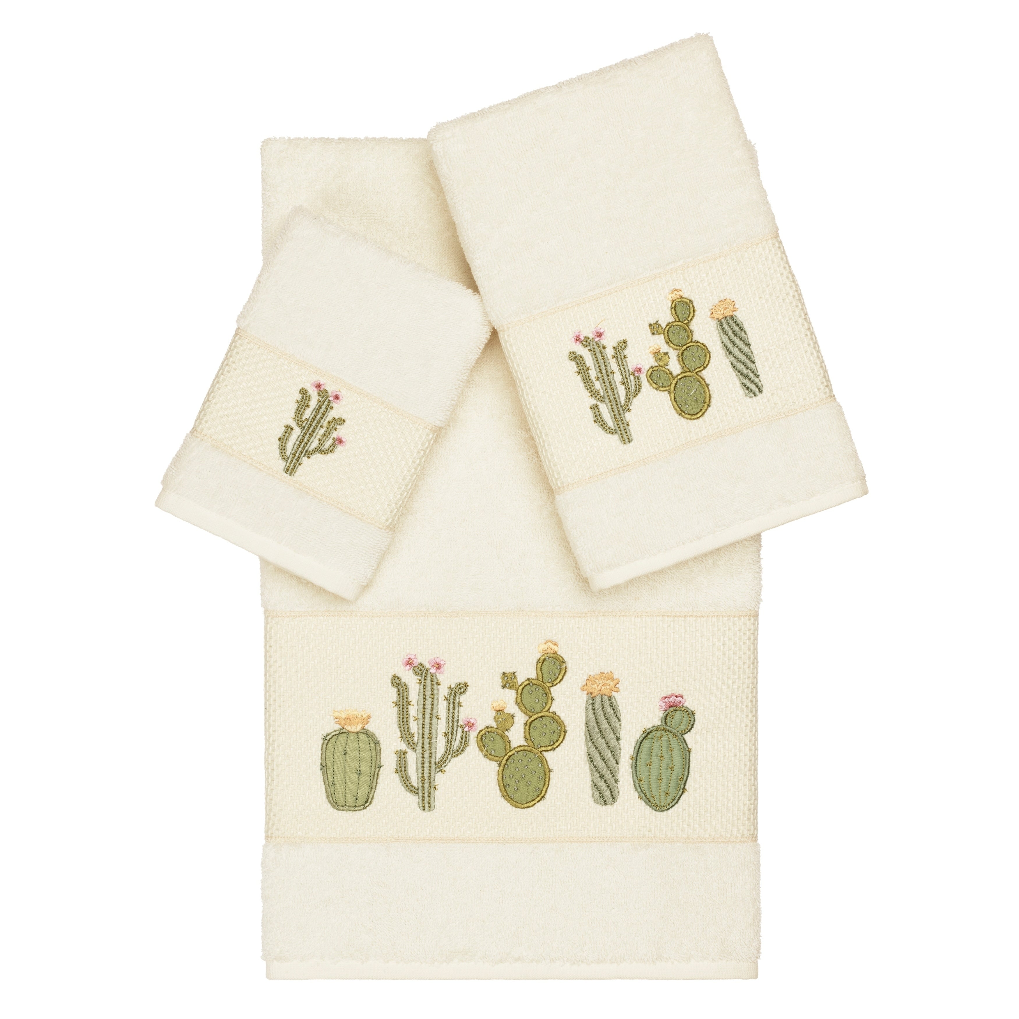 Authentic Hotel And Spa Turkish Cotton Cactus Embroidered Cream 3 Piece Towel Set