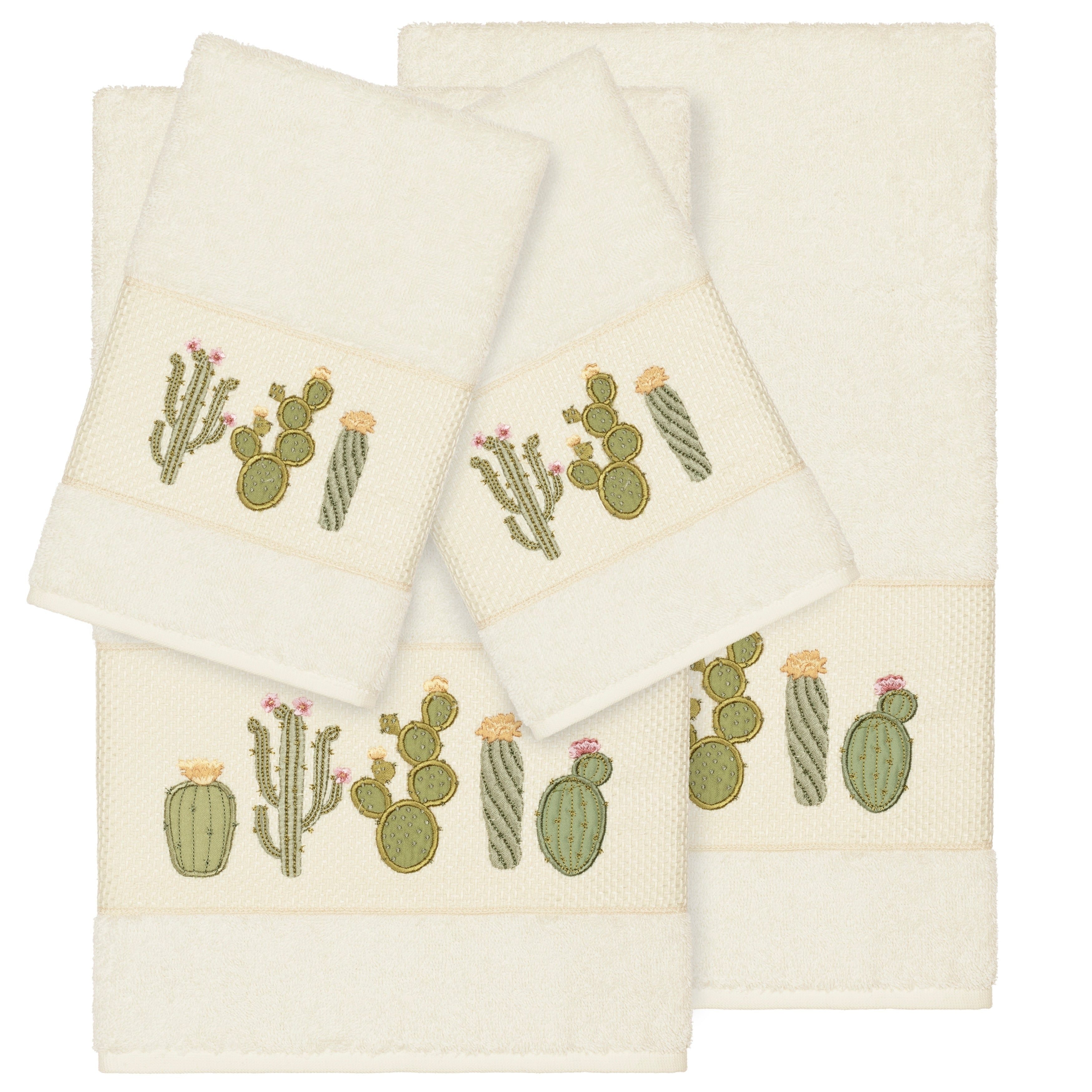 Authentic Hotel And Spa Turkish Cotton Cactus Embroidered Cream 4 Piece Towel Set