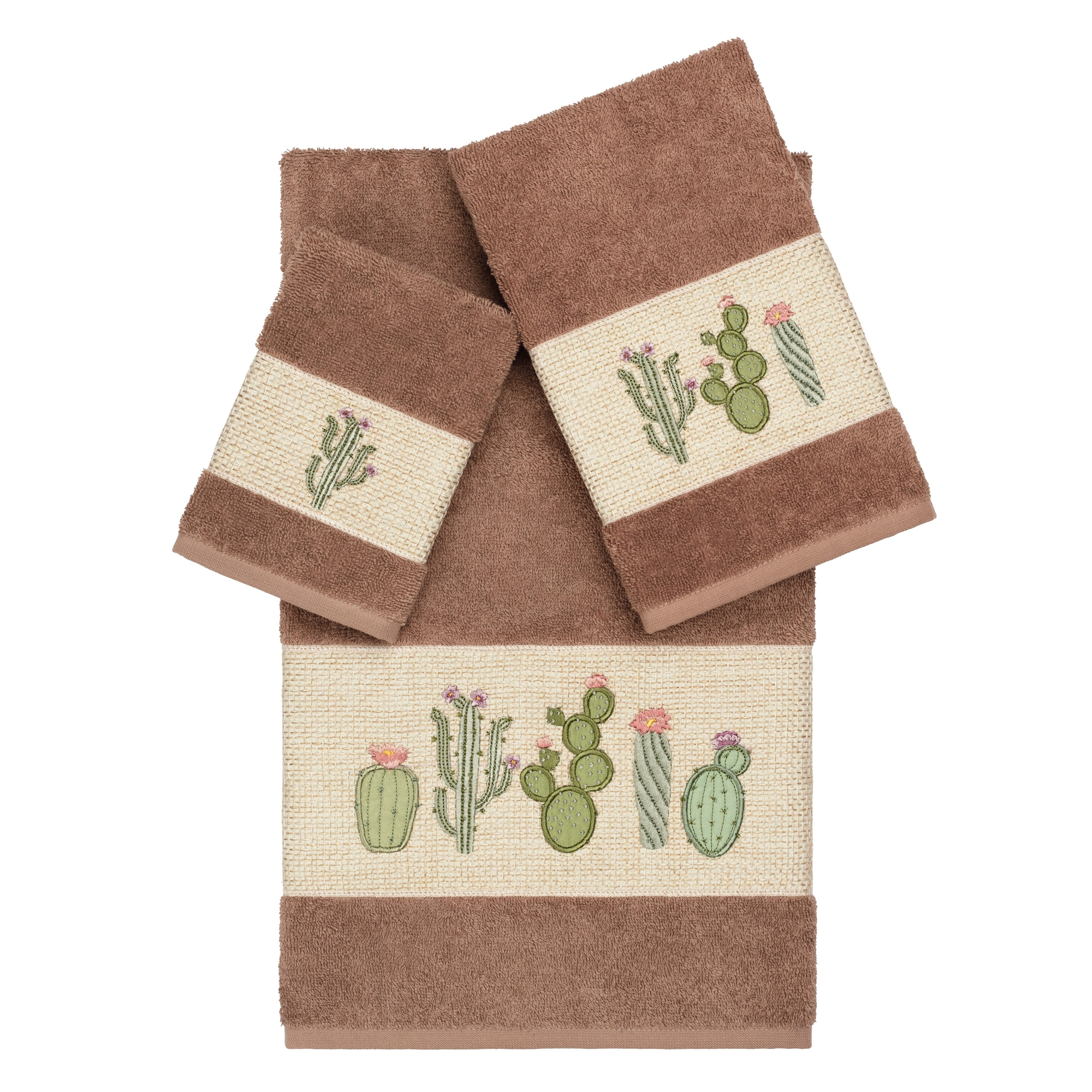 Authentic Hotel And Spa Turkish Cotton Cactus Embroidered Latte Brown 3 Piece Towel Set