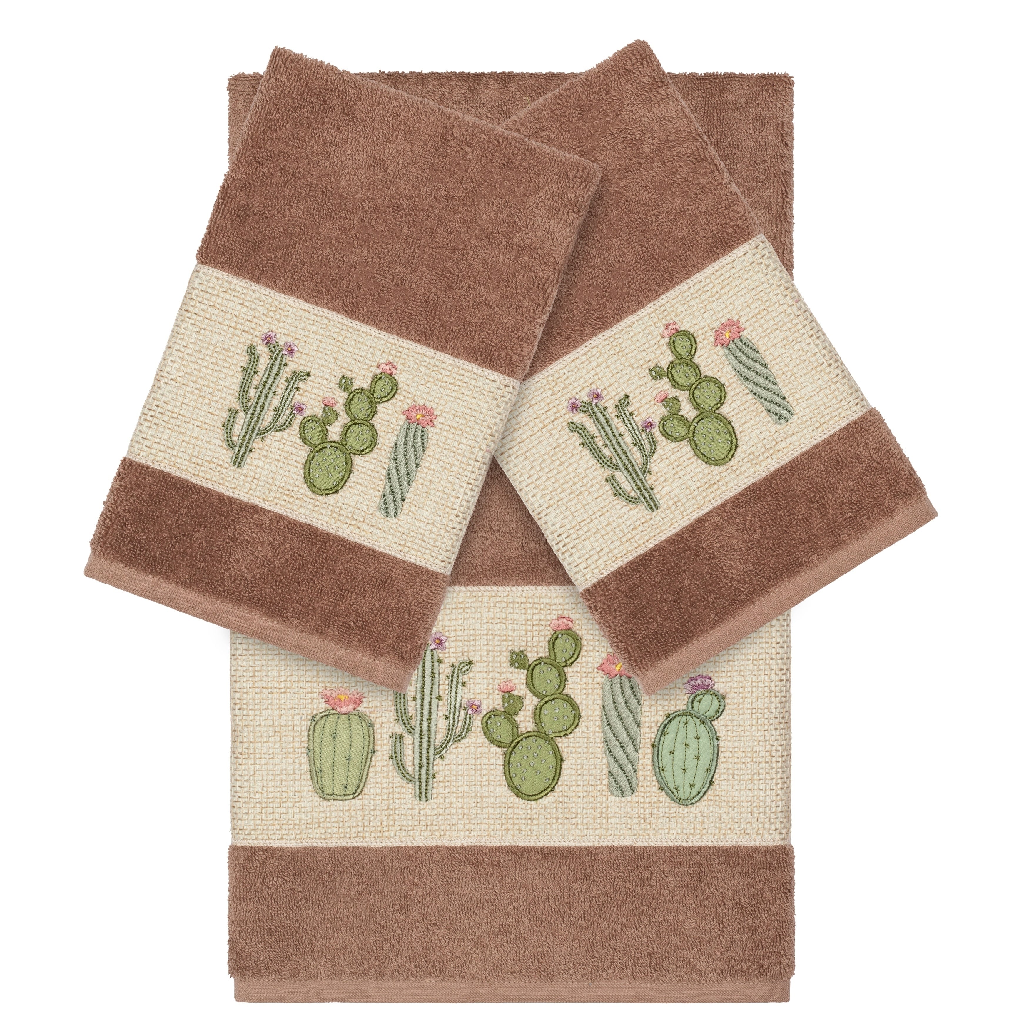 Authentic Hotel And Spa Turkish Cotton Cactus Embroidered Latte Brown 3 Piece Towel Set