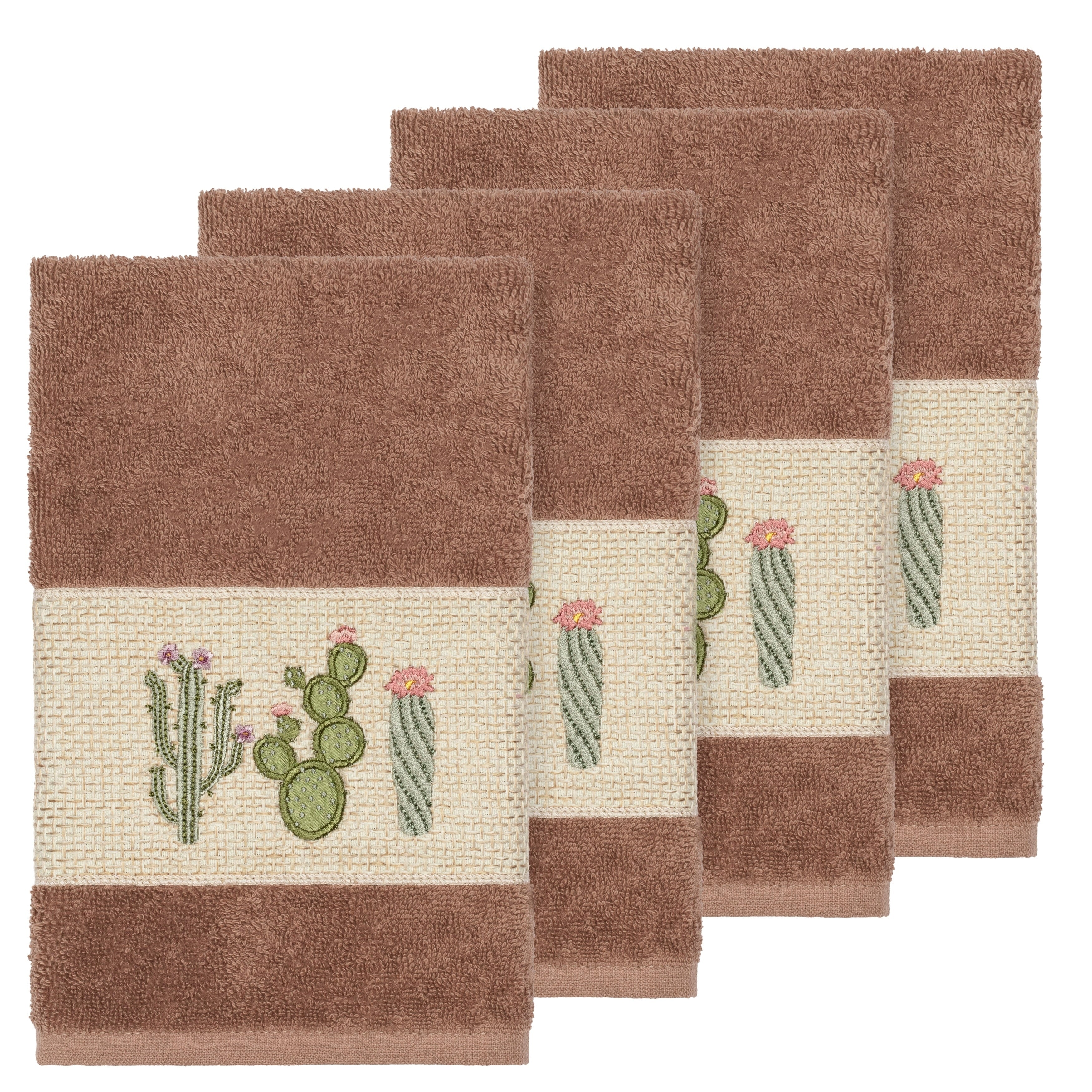 Authentic Hotel And Spa Turkish Cotton Cactus Embroidered Latte Brown 4 Piece Hand Towel Set